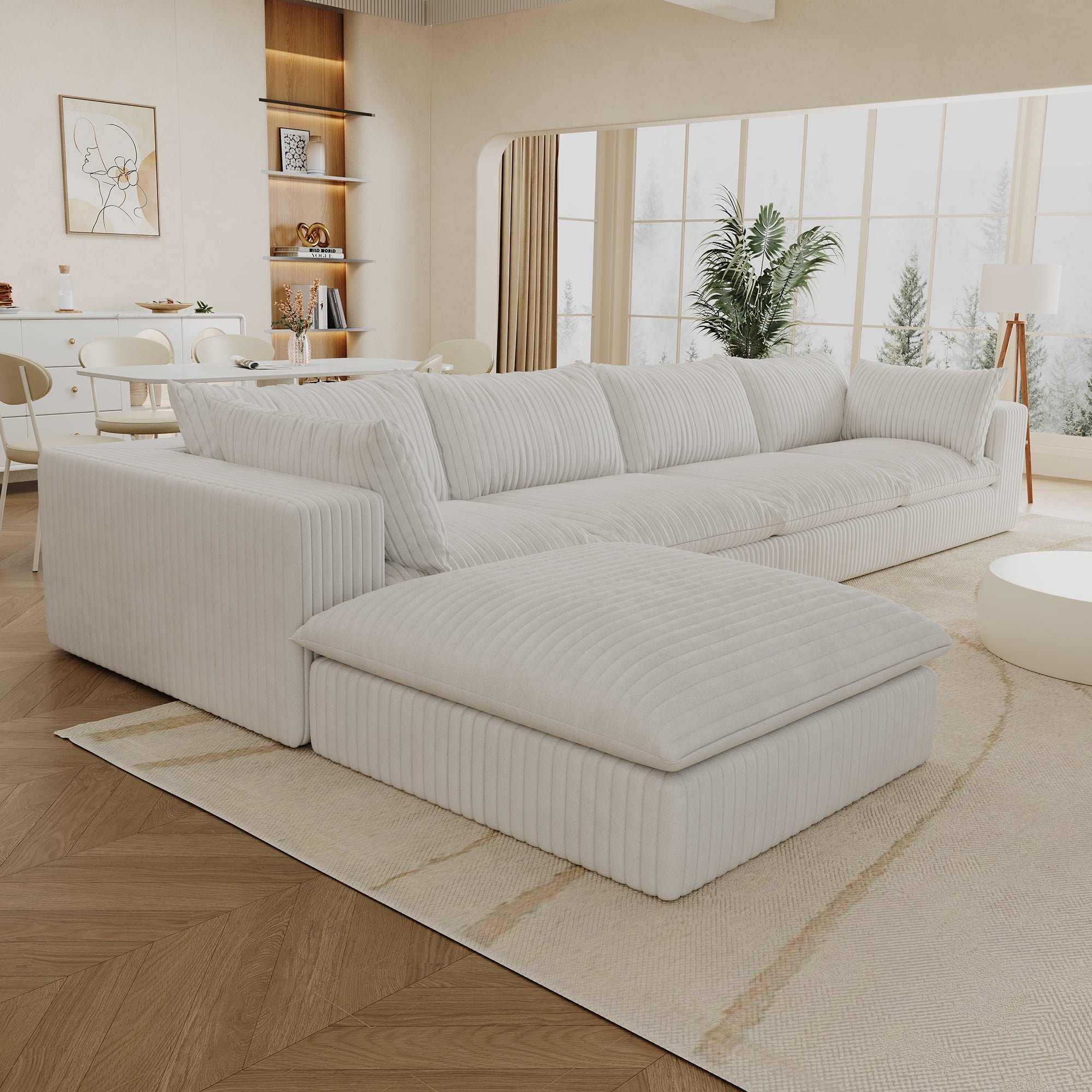 MAYEERTY 157.6" Cloud Sofa White Corduroy Deep Seat Double-Layer Removable Cushion No Assembly Multi-Rooms