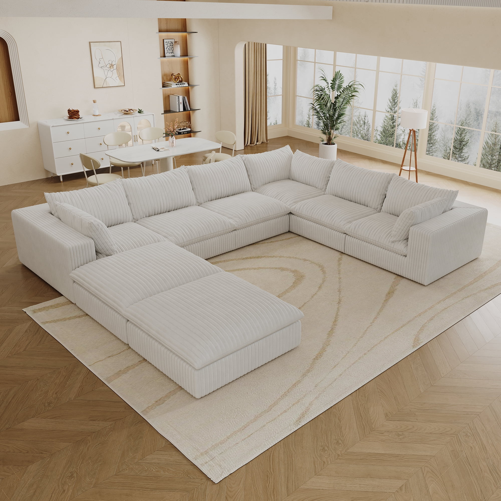 MAYEERTY 157.6" Cloud Sofa White Corduroy Fabric Deep Seat Double-Layer Design Removable Cushion No Assembly DIY Combination for Multi-Rooms