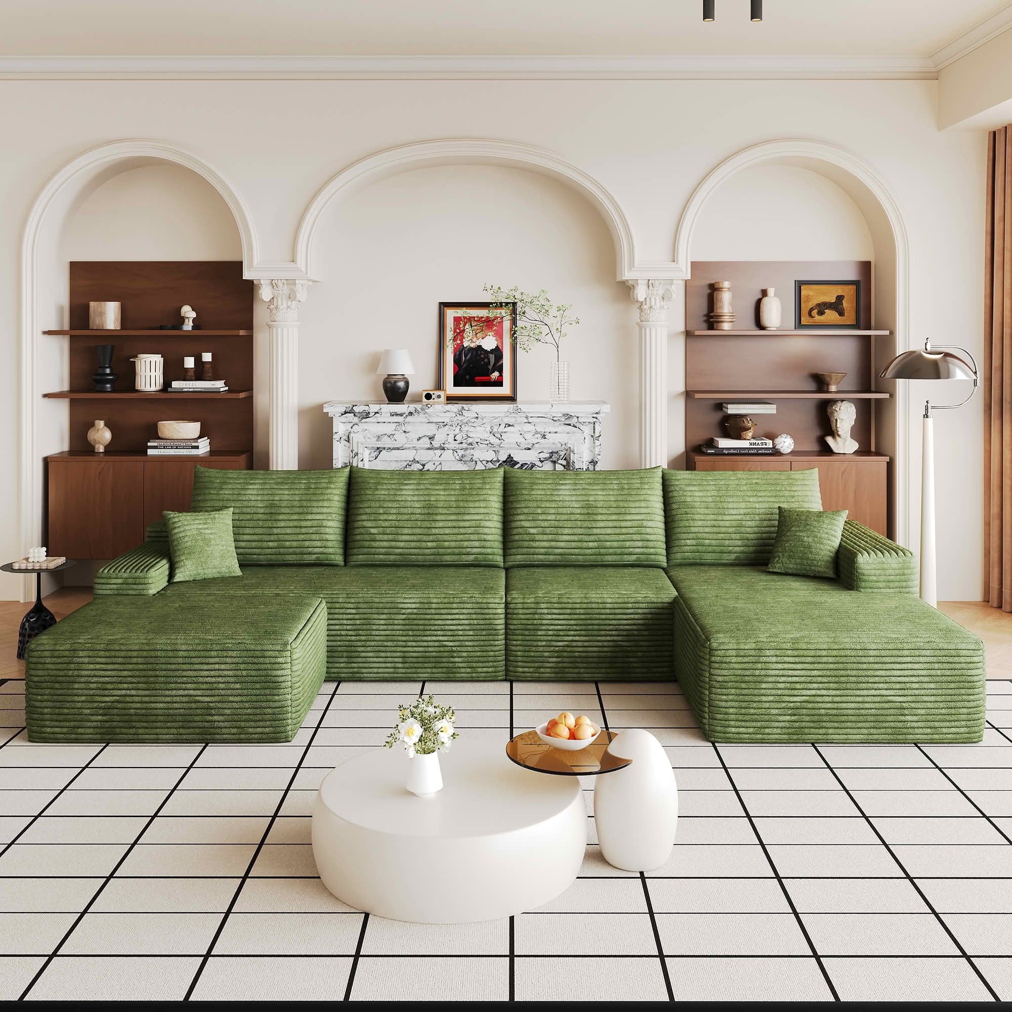 MAYEERTY 135-Inch Green Plush Corduroy 5-Seat U-Shaped Cloud Modular Sectional Sofa, Deep Seat Corner Couch with Ottoman No Assembly Required