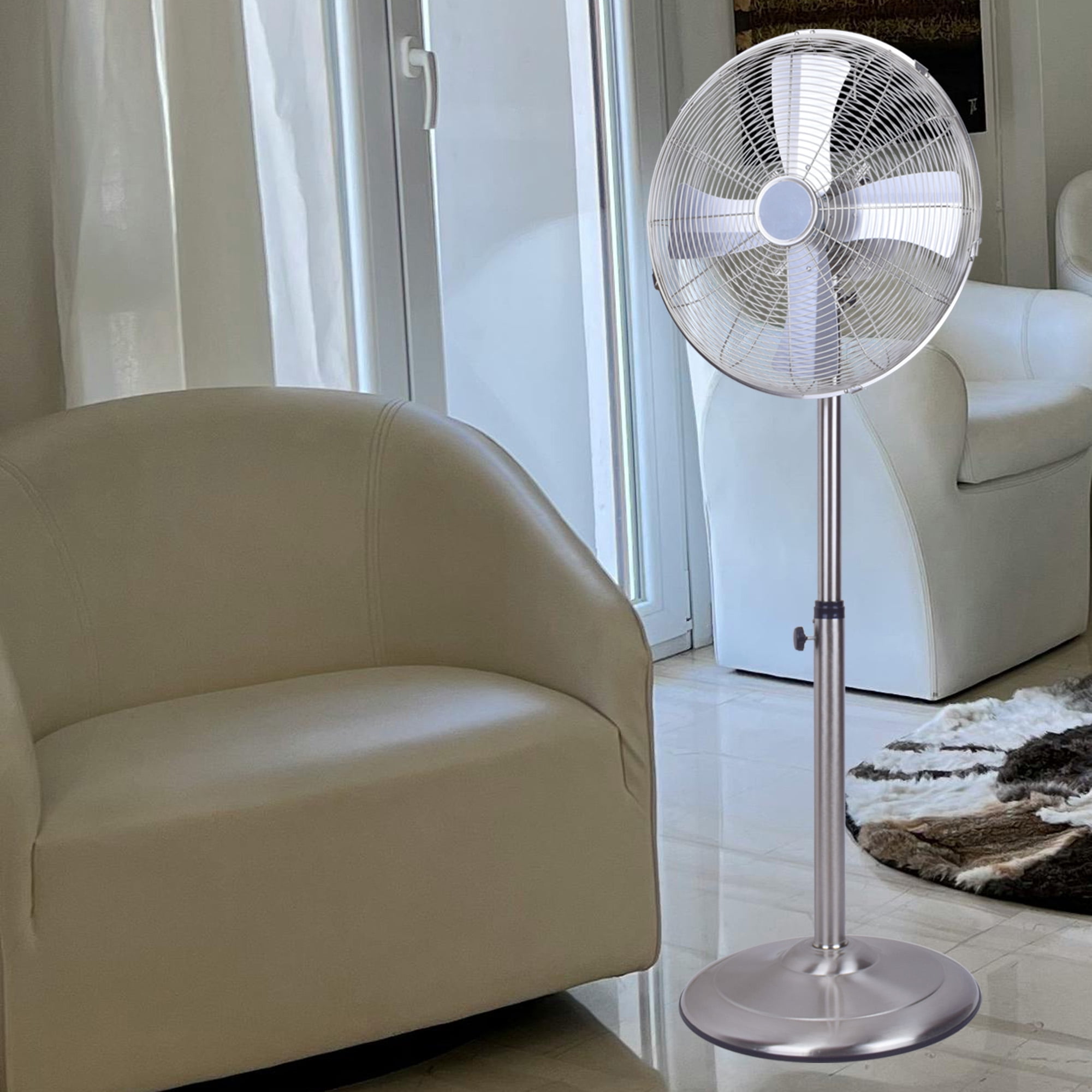 MAYEERTY 16in Metal Stand Fan, 4 Aluminum Blades Copper Motor, 3-Speed, Adjustable Height Tilt Oscillation for Garage Shop