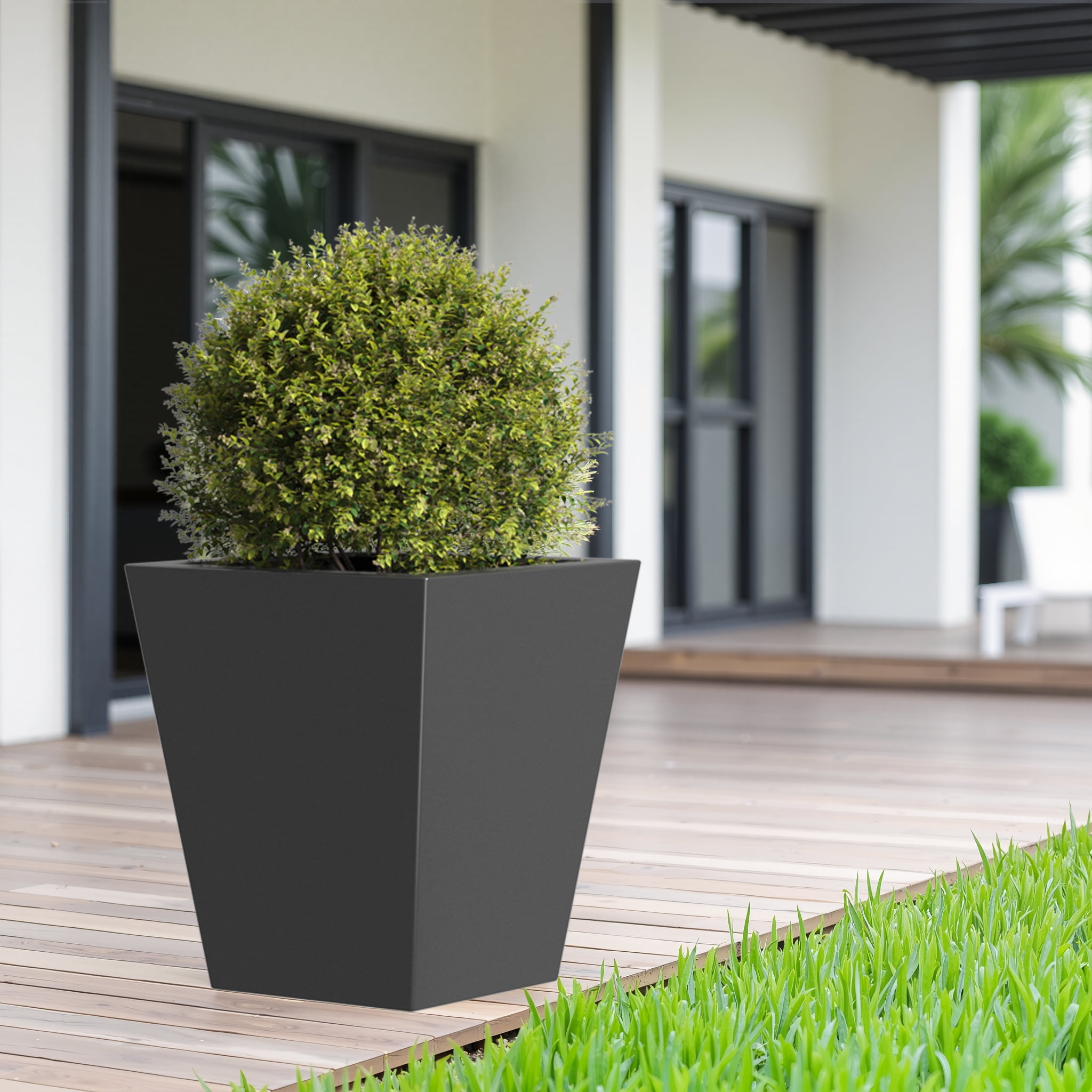 MAYEERTY 18"H Metal Tapered Planter: Large Garden Pot with Drainage Hole & Rubber Plug for Patio, Black