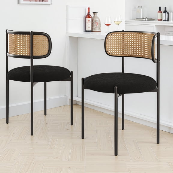 MAYEERTY 2-Pack Black Modern Upholstered Dining Chairs, Rattan Back, Metal Legs, Kitchen Accent
