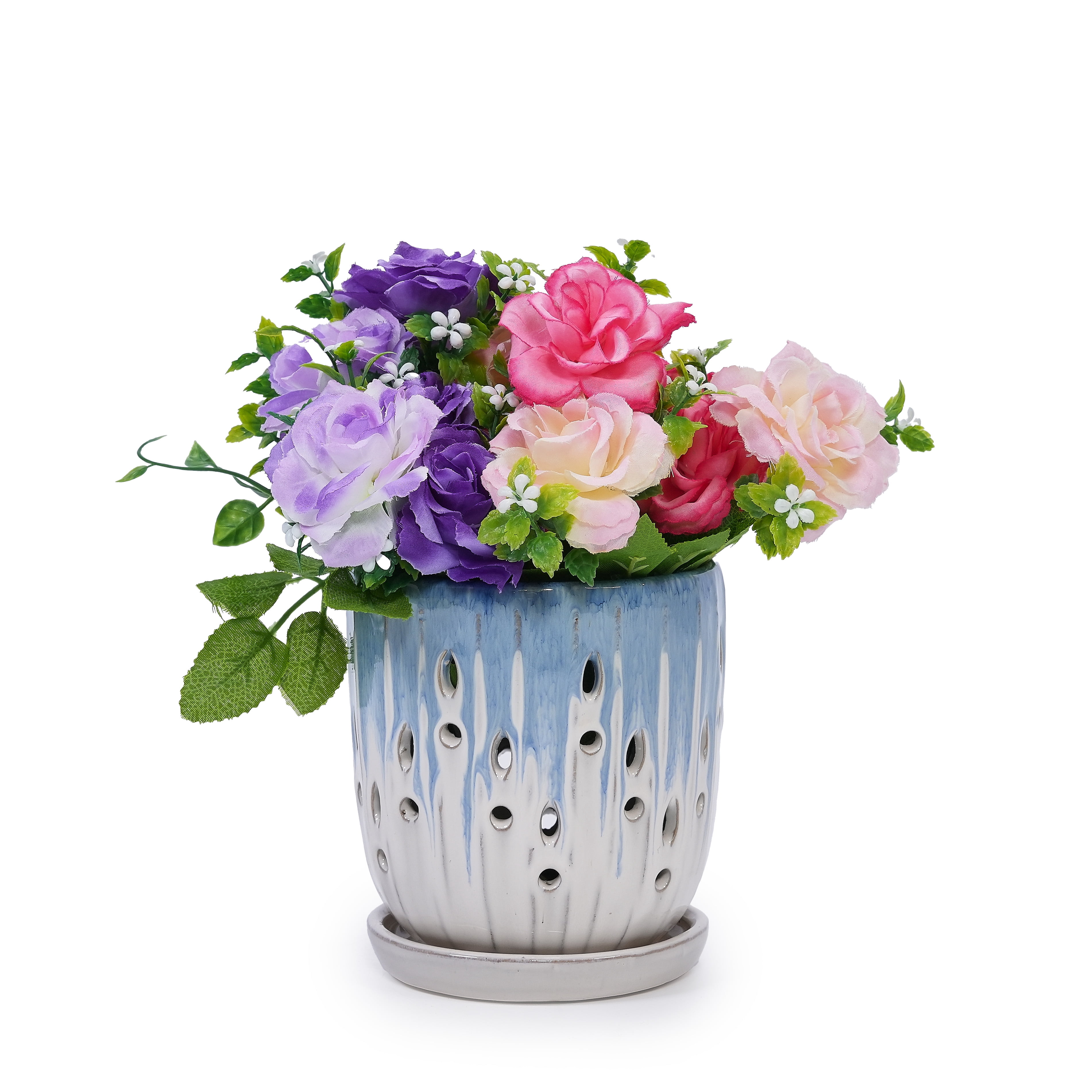MAYEERTY 2 Pack Ceramic Planter Pot with Drainage Hole, 8" Planter for Indoor Outdoor Patio, Garden, White Blue