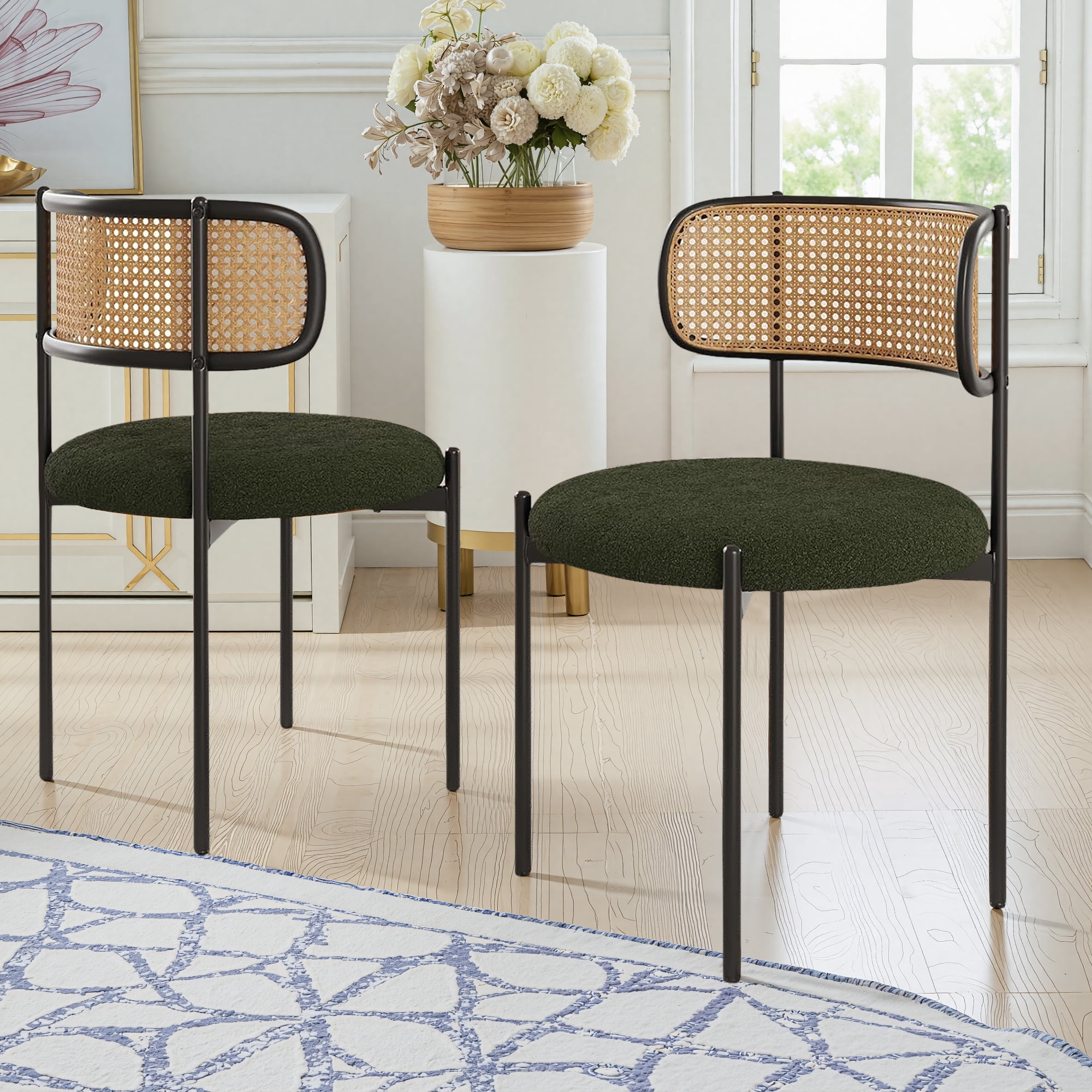 MAYEERTY 2-Pack Green Modern Upholstered Dining Chairs, Rattan Back, Metal Legs, Kitchen Accent