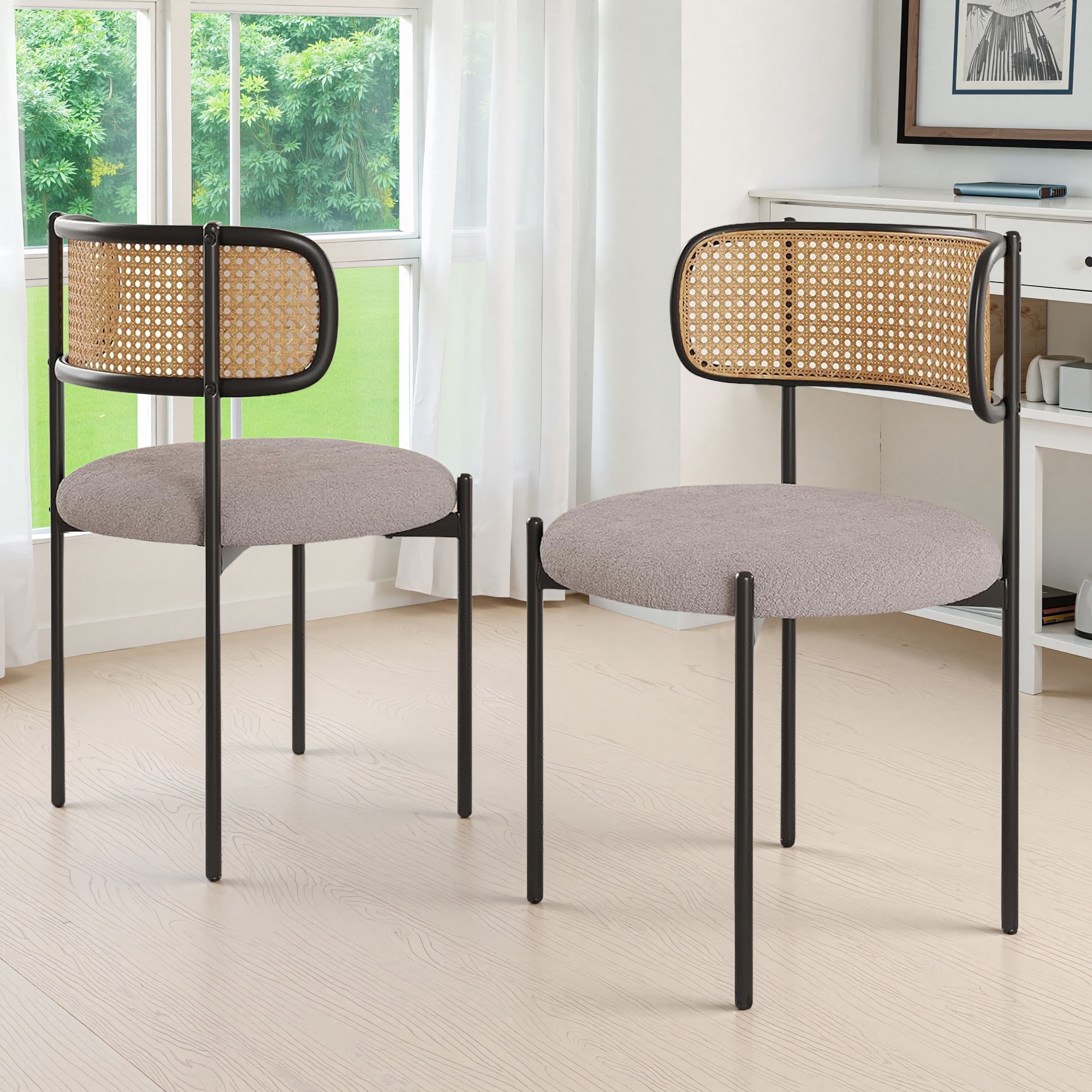 MAYEERTY 2-Pack Light Gray Modern Upholstered Dining Chairs, Rattan Back, Metal Legs, Kitchen Accent