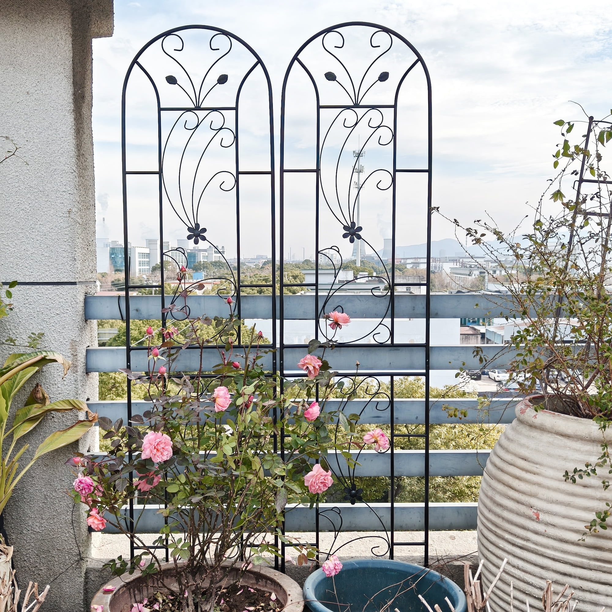 MAYEERTY 2 Pack Metal Garden Trellis 86.7 x 19.7 Inch Rustproof Climbing Plants Support Peacock Style Black Outdoor Flower