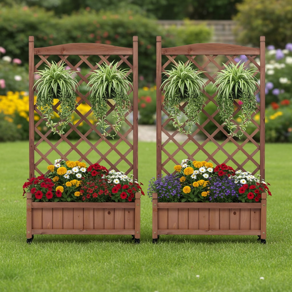 MAYEERTY 2-Pack Raised Garden Bed with Trellis, 11x25x42" Wooden Planter Box w/ Wheels Drainage for Climbing Plant