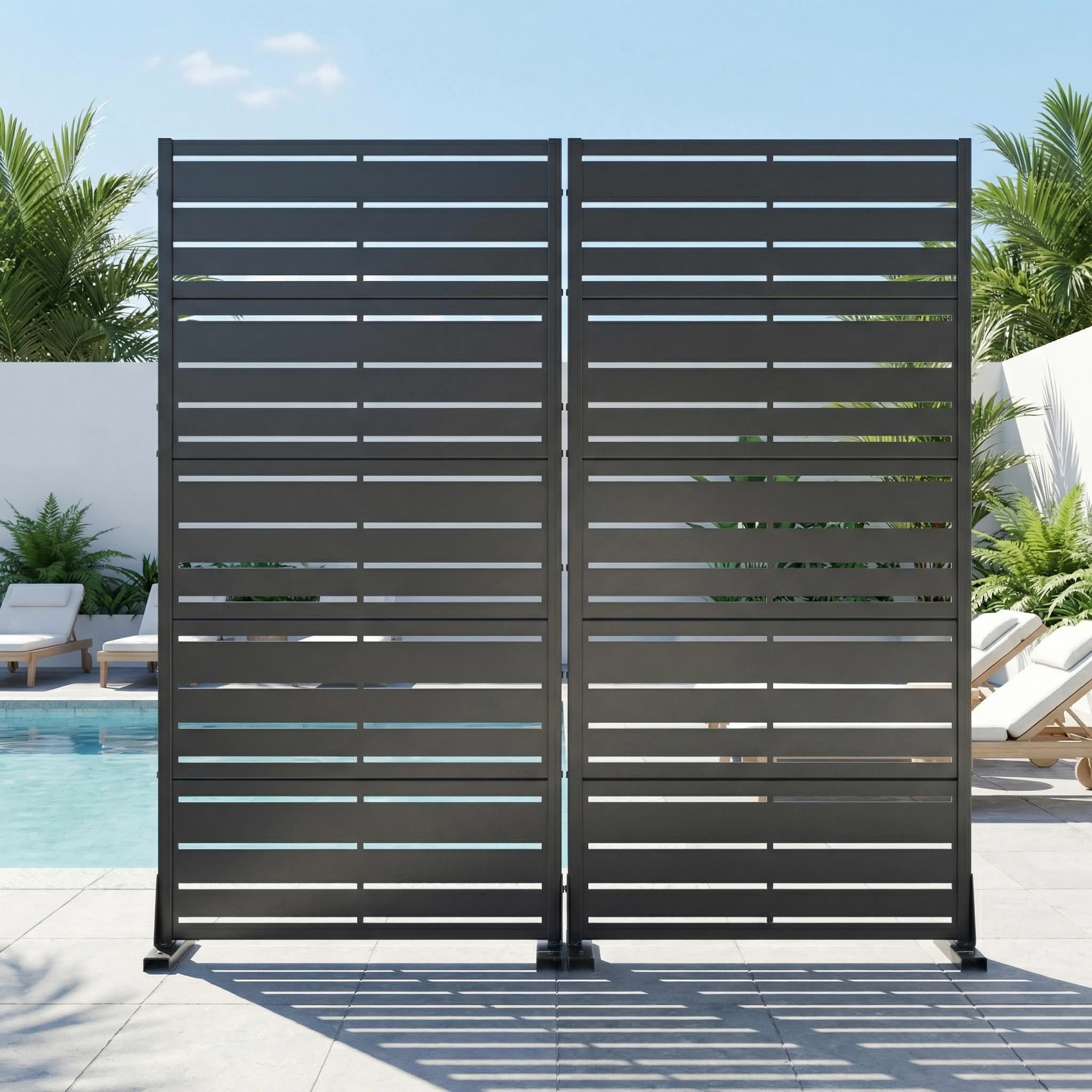 MAYEERTY 2-Piece 59"x30" Outdoor Privacy Screen, Black 5-Panel Galvanized Steel Louvered Fence, Wide-1 Narrow-2, Freestanding for Patio Backyard