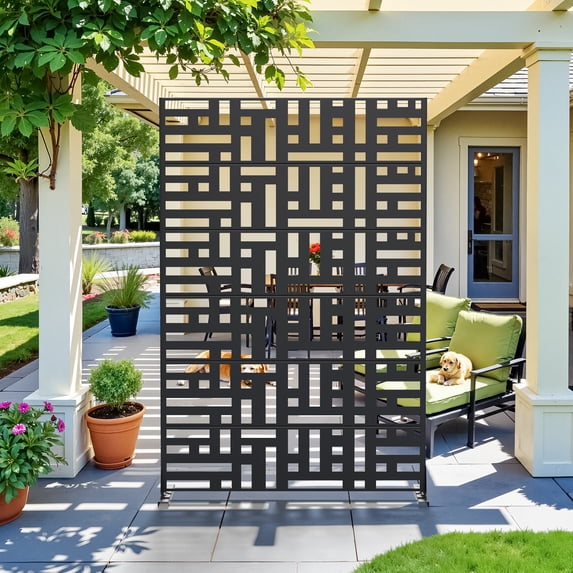 MAYEERTY 2-Piece 72×47" Outdoor Black Metal Privacy Panel Screen for Backyard & Garden, Geometric Maze Pattern