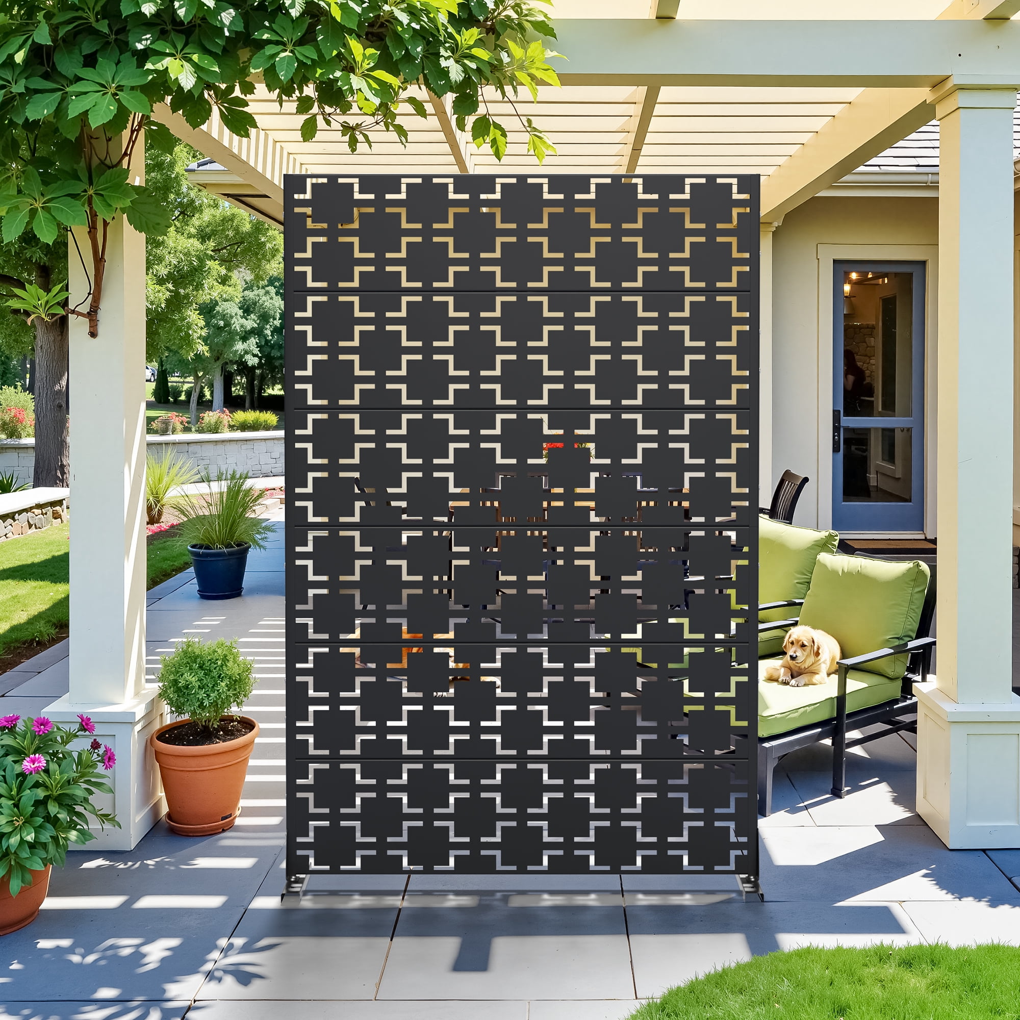 MAYEERTY 2-Piece 72×47" Outdoor Black Metal Privacy Panel Screen for Backyard & Garden, Geometric Square Pattern