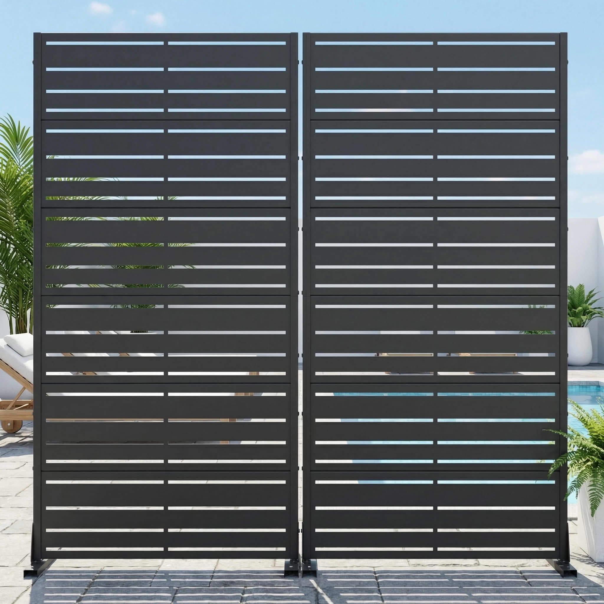 MAYEERTY 2-Piece 72"x35" Freestanding Privacy Fence, 6-Panel Black Galvanized Steel Screen, Wide-1 Narrow-2 Slats for Outdoor Yard