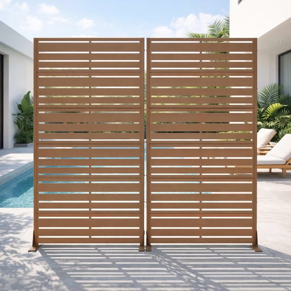 MAYEERTY 2-Piece 72"x35" Freestanding Privacy Fence, 6-Panel Brown Galvanized Steel Screen, Wide-1 Narrow-2 Slats for Outdoor Yard