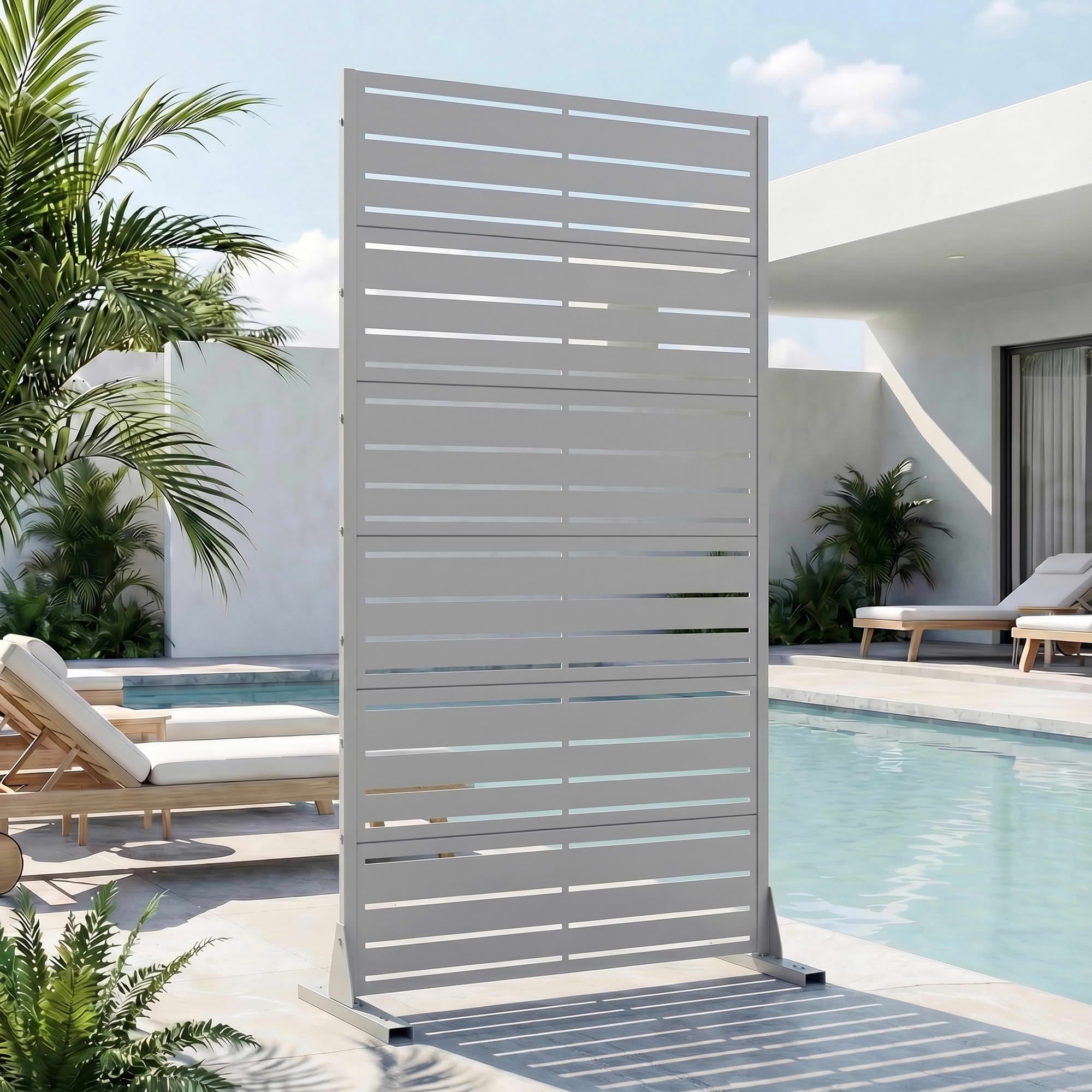 MAYEERTY 2-Piece 72"x35" Privacy Screen, Gray 6-Panel Galvanized Steel Louvered Fence, Wide-1 Narrow-2, Freestanding for Patio Backyard