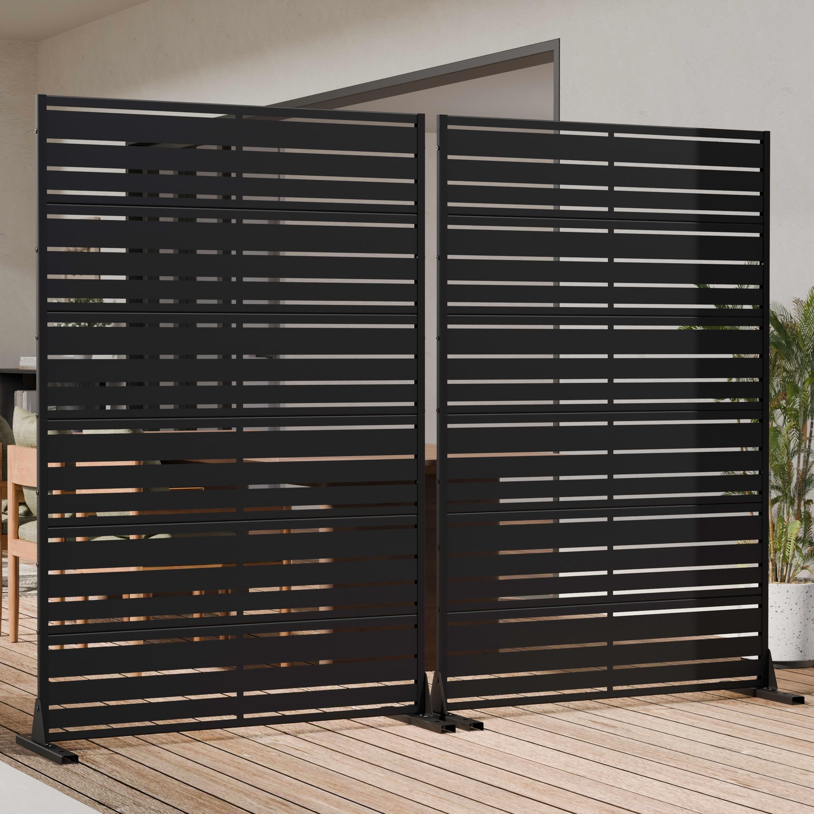 MAYEERTY 2-Piece 72"x47" Privacy Screen, Black 6-Panel Galvanized Steel Louvered Fence, Wide-1 Narrow-2, Freestanding for Patio Backyard