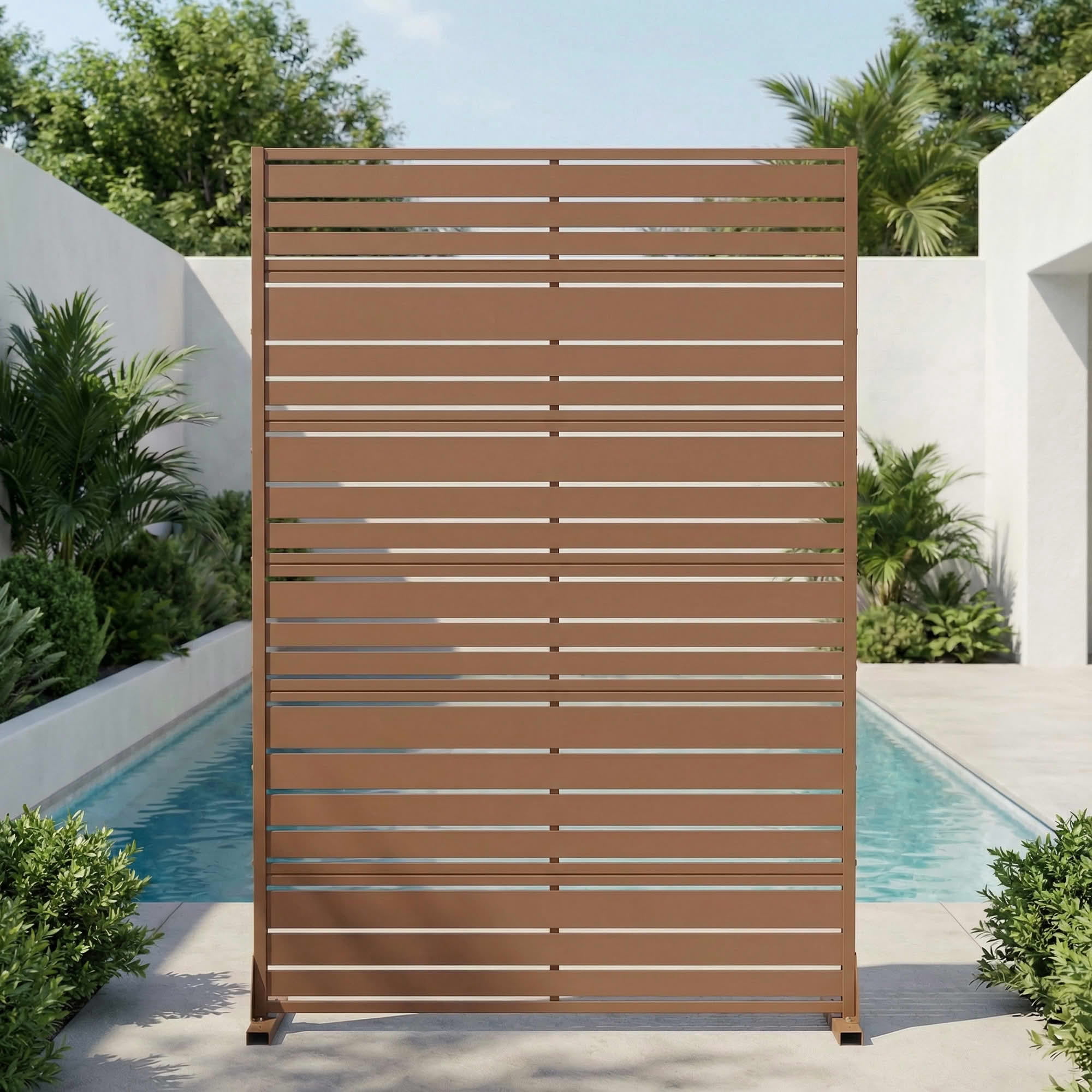 MAYEERTY 2-Piece 72"x47" Privacy Screen, Brown 6-Panel Galvanized Steel Louvered Fence, Wide-1 Narrow-2, Freestanding for Patio Backyard