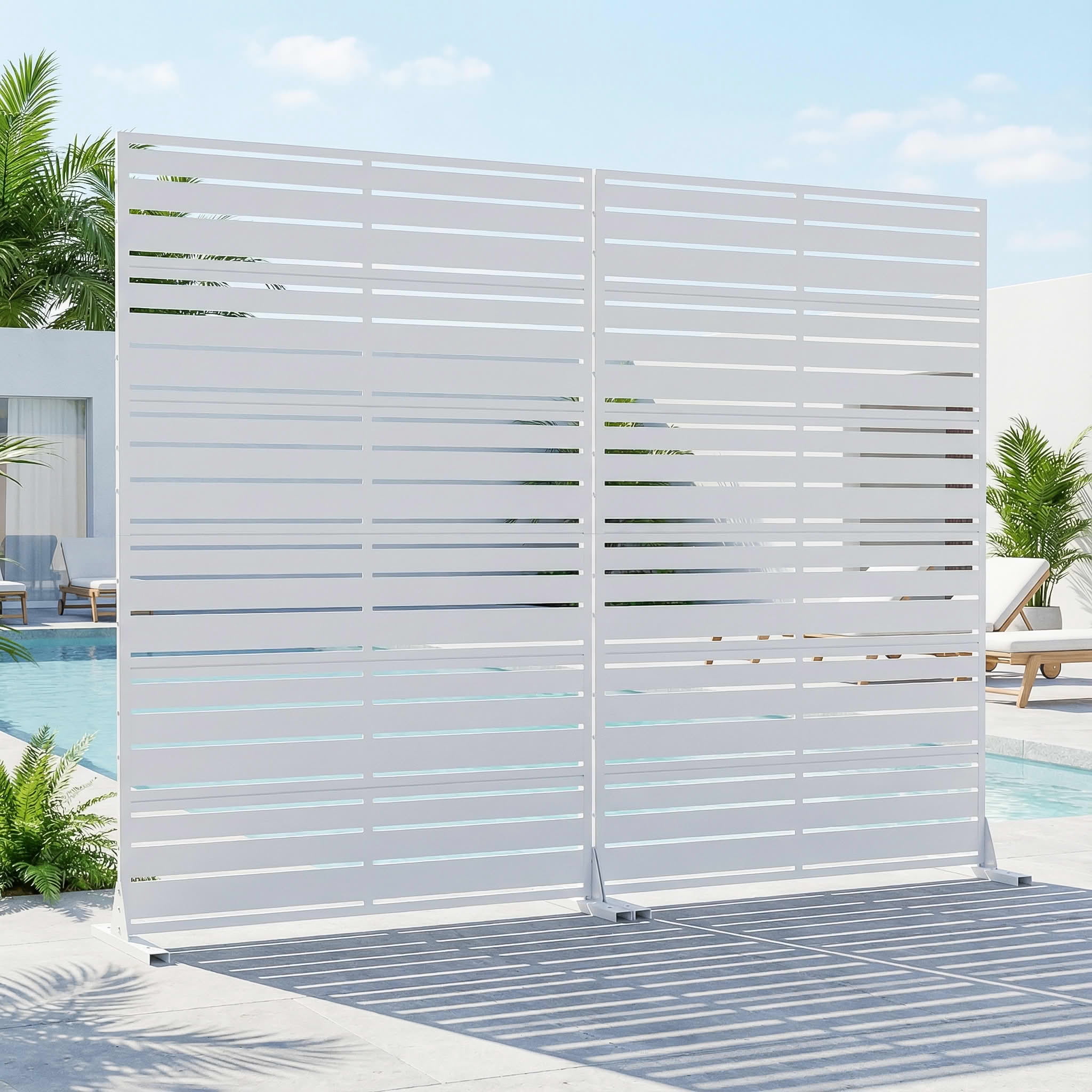 MAYEERTY 2-Piece 72"x47" Privacy Screen, White 6-Panel Galvanized Steel Louvered Fence, Wide-1 Narrow-2 Style, Freestanding for Patio Backyard