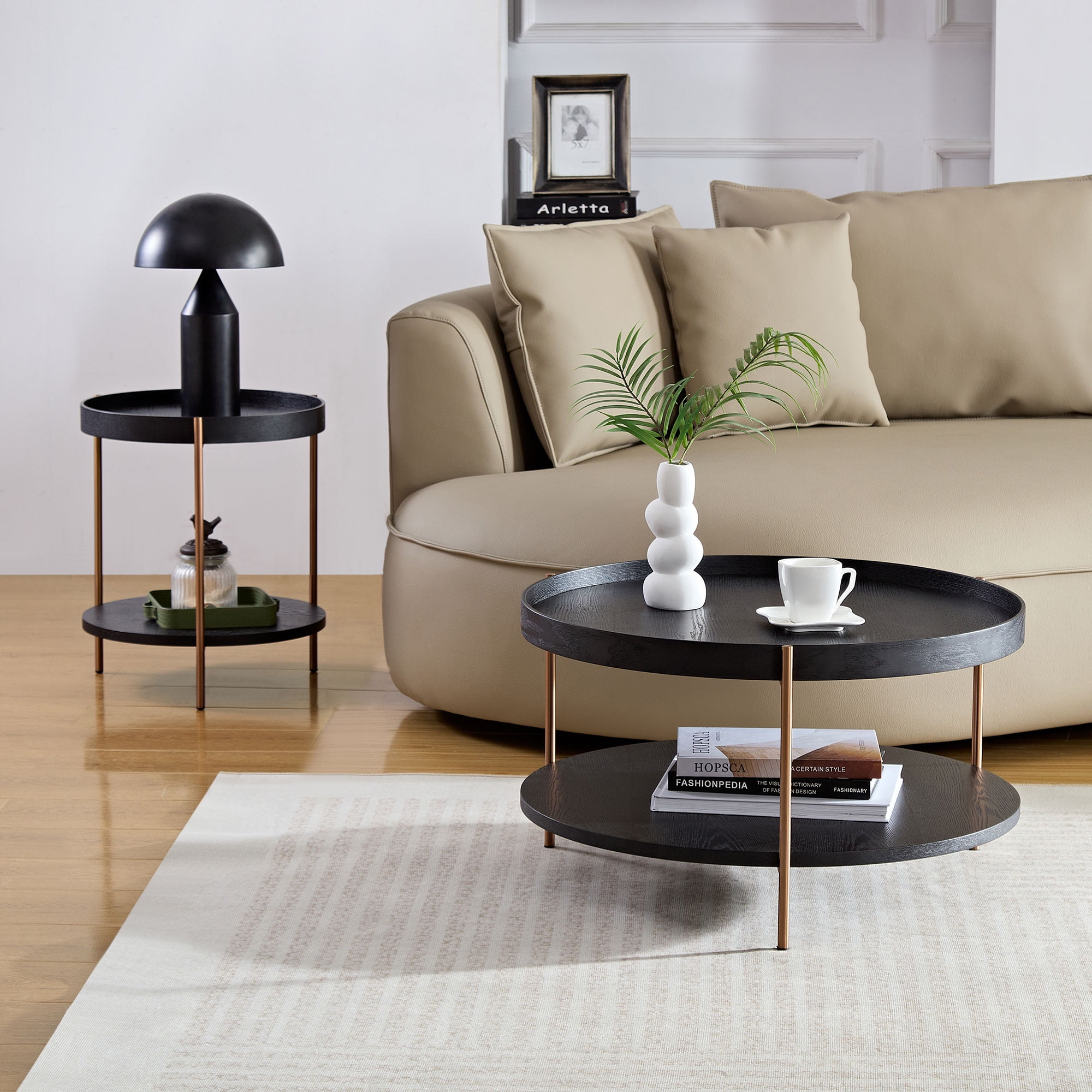 MAYEERTY 2-Piece Modern 2-Tier Round Nesting Coffee Table Set, Easy-Assembly End Side Tables for Living Room, Bedroom & Office, Black MDF