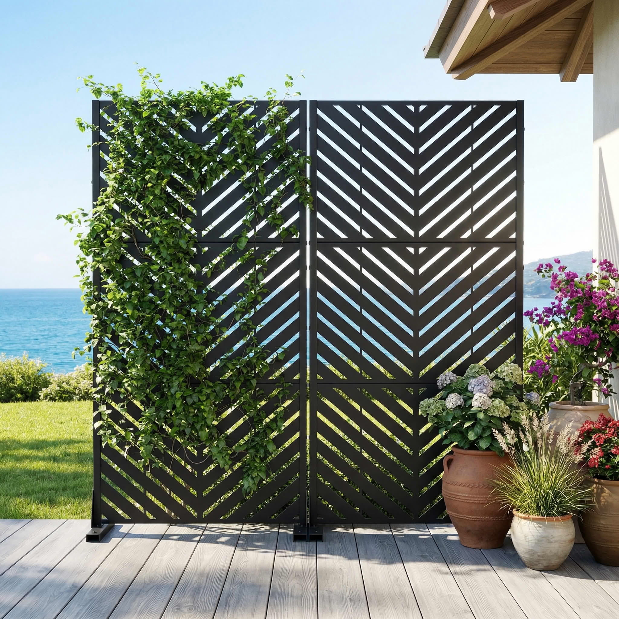 MAYEERTY 2-Piece Outdoor Metal Privacy Screen 5ft Black, 3-Panel Parallel Decorative Screen, Rust-Resistant for Patio