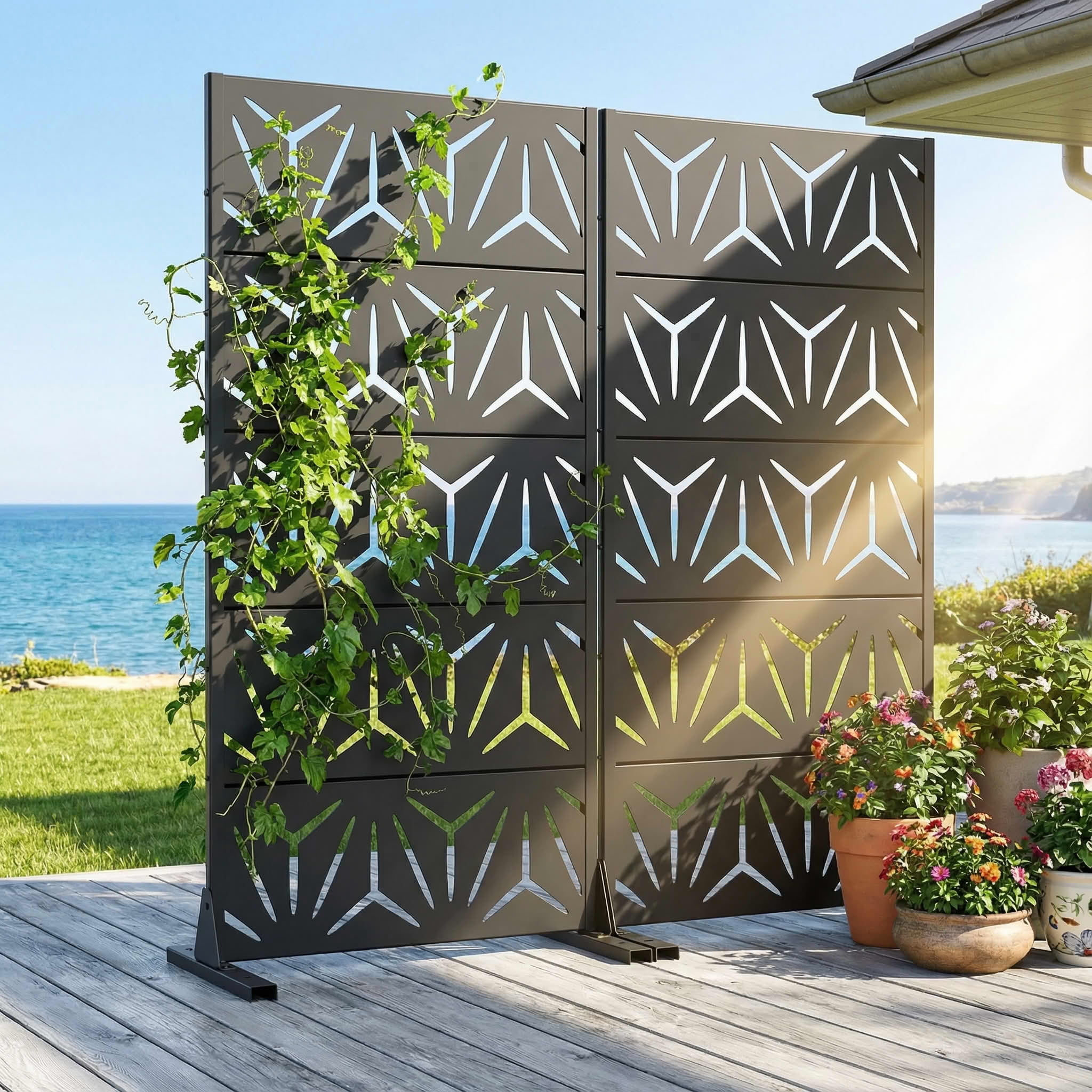 MAYEERTY 2-Piece Outdoor Metal Privacy Screen 5ft Black, 5-Panel Geometric Y-Pattern Decorative Screen for Patio