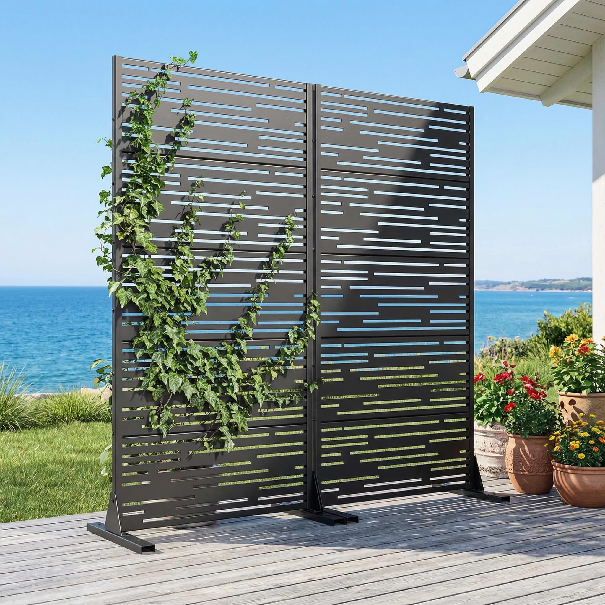 MAYEERTY 2-Piece Outdoor Metal Privacy Screen 5ft Black, 5-Panel Light & Shadow Pattern, Rust-Resistant for Garden