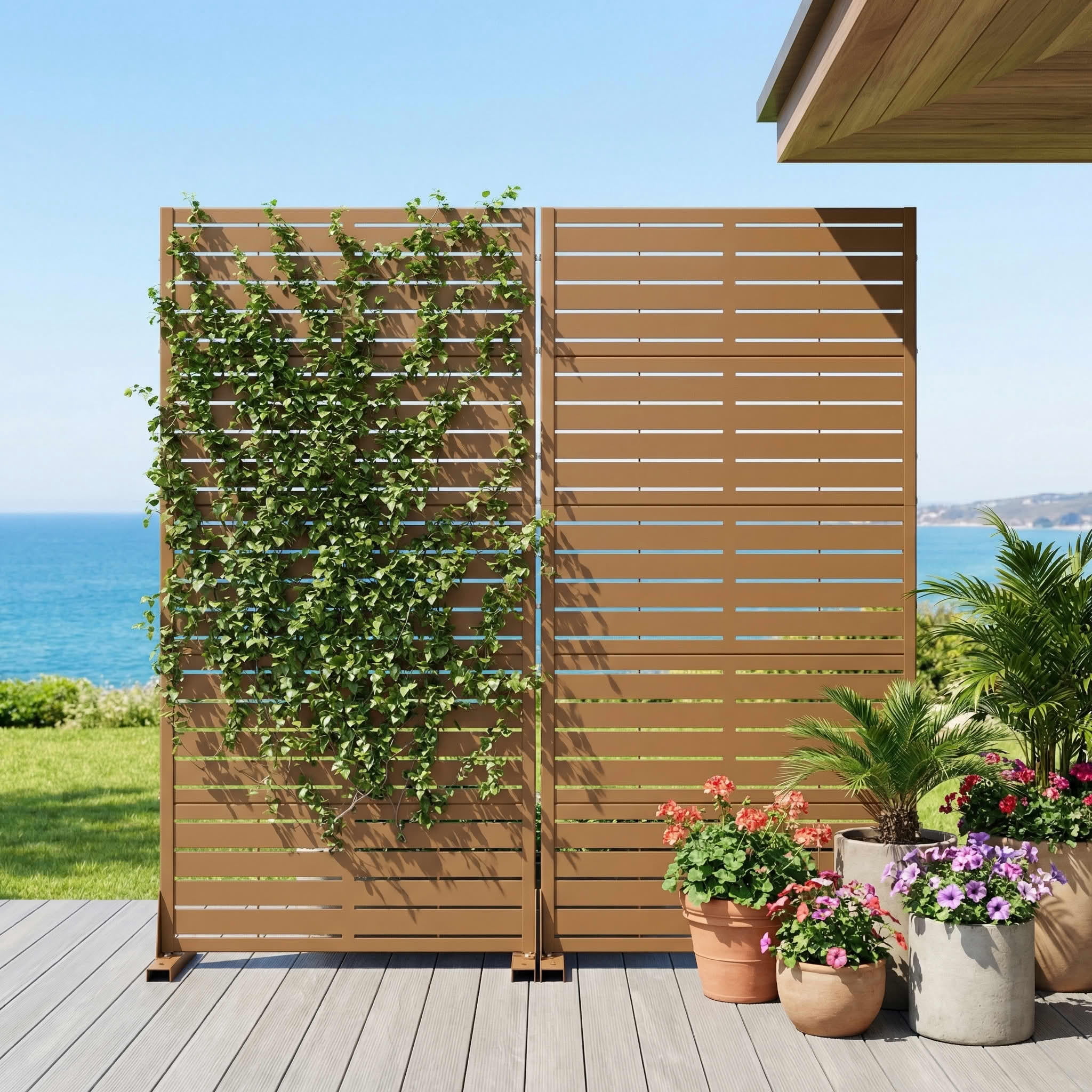 MAYEERTY 2-Piece Outdoor Metal Privacy Screen - 5ft Brown, 5-Panel Classic Louvered Design, Easy Install for Apartment Balcony
