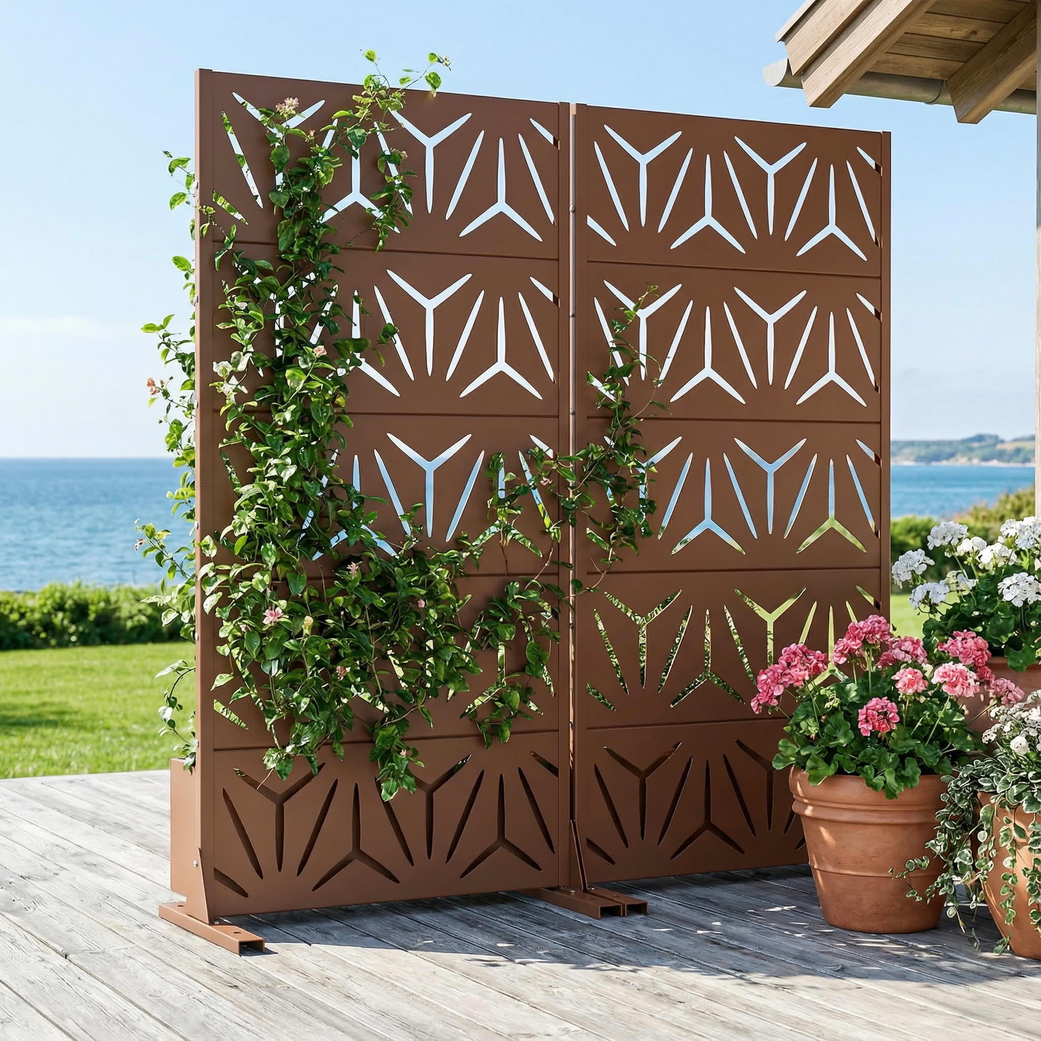 MAYEERTY 2-Piece Outdoor Metal Privacy Screen 5ft Brown, 5-Panel Geometric Y-Pattern Decorative Screen for Garden