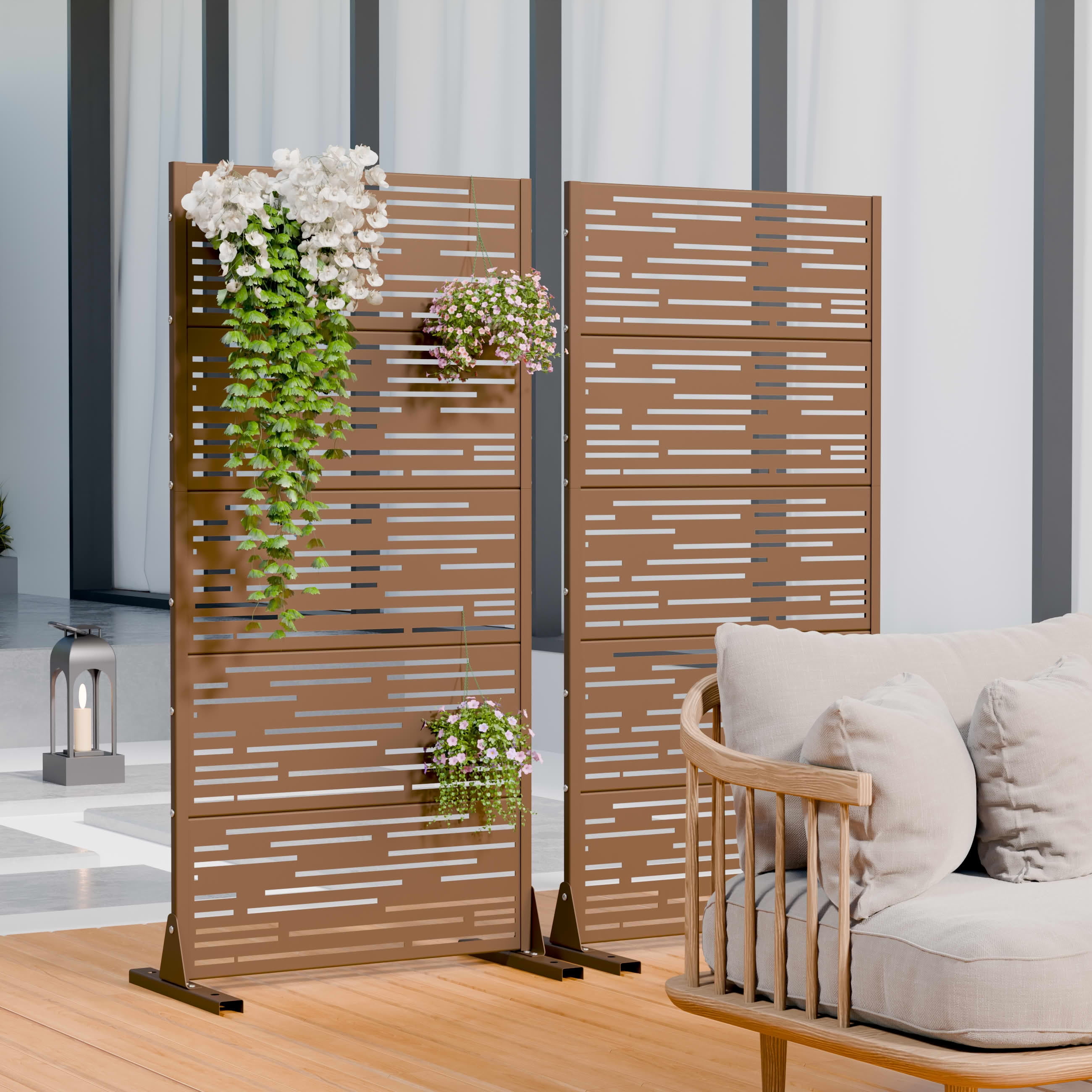 MAYEERTY 2-Piece Outdoor Metal Privacy Screen 5ft Brown, 5-Panel Light & Shadow Pattern, Rust-Resistant for Garden