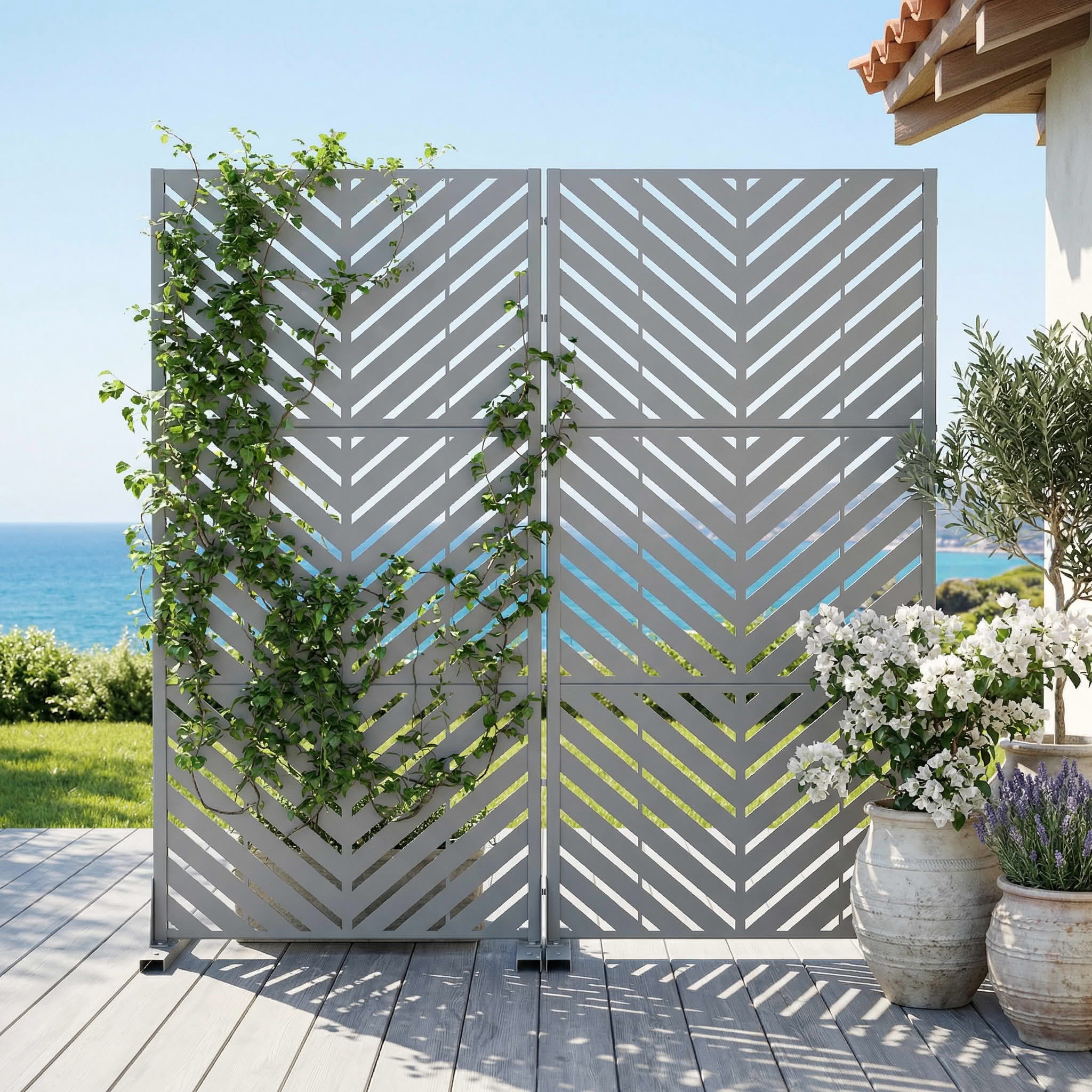 MAYEERTY 2-Piece Outdoor Metal Privacy Screen 5ft Gray, 3-Panel Parallel Decorative Screen, Rust-Resistant for Patio