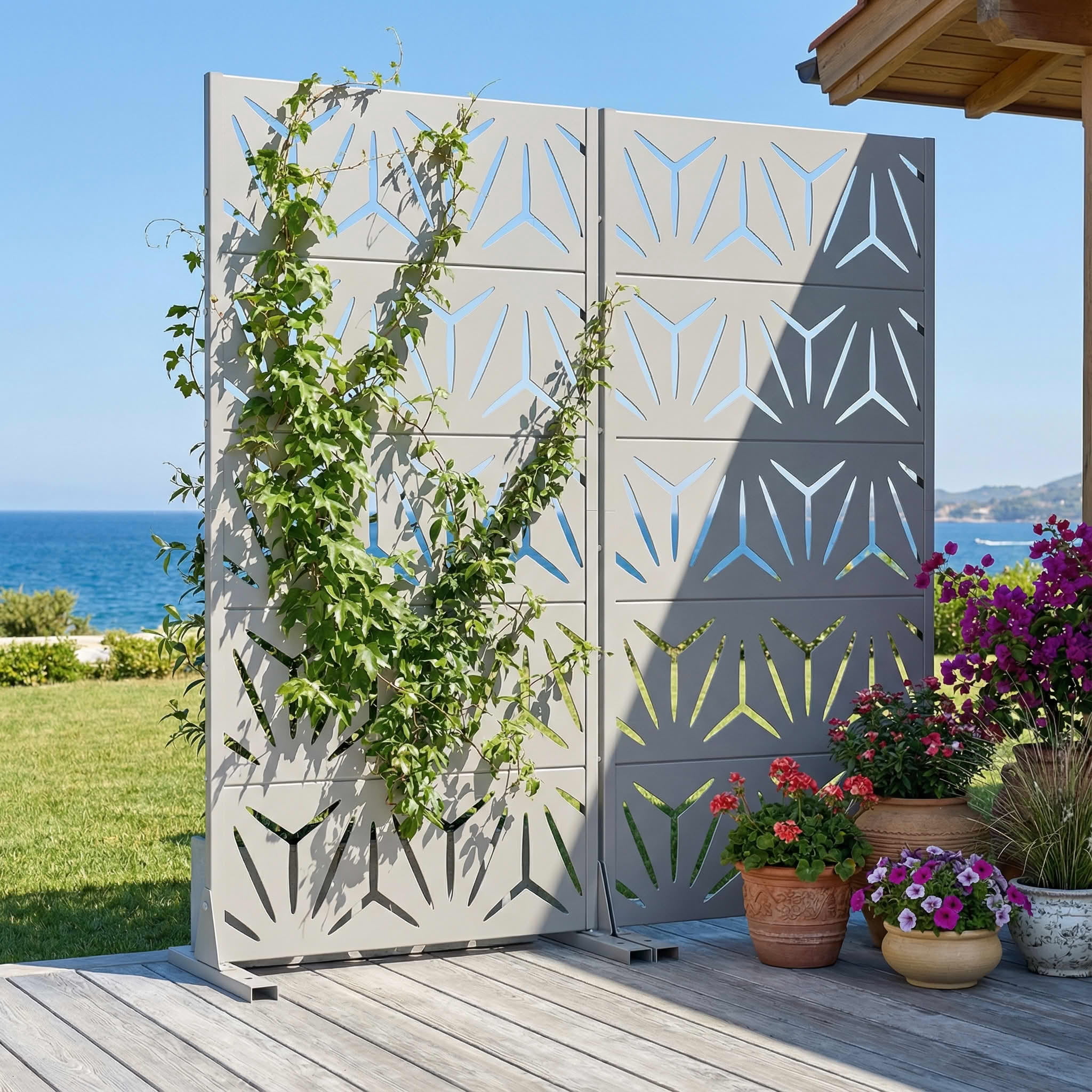 MAYEERTY 2-Piece Outdoor Metal Privacy Screen 5ft Gray, 5-Panel Geometric Y-Pattern Decorative Screen for Garden
