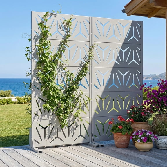 MAYEERTY 2-Piece Outdoor Metal Privacy Screen 5ft Gray, 5-Panel Geometric Y-Pattern Decorative Screen for Garden