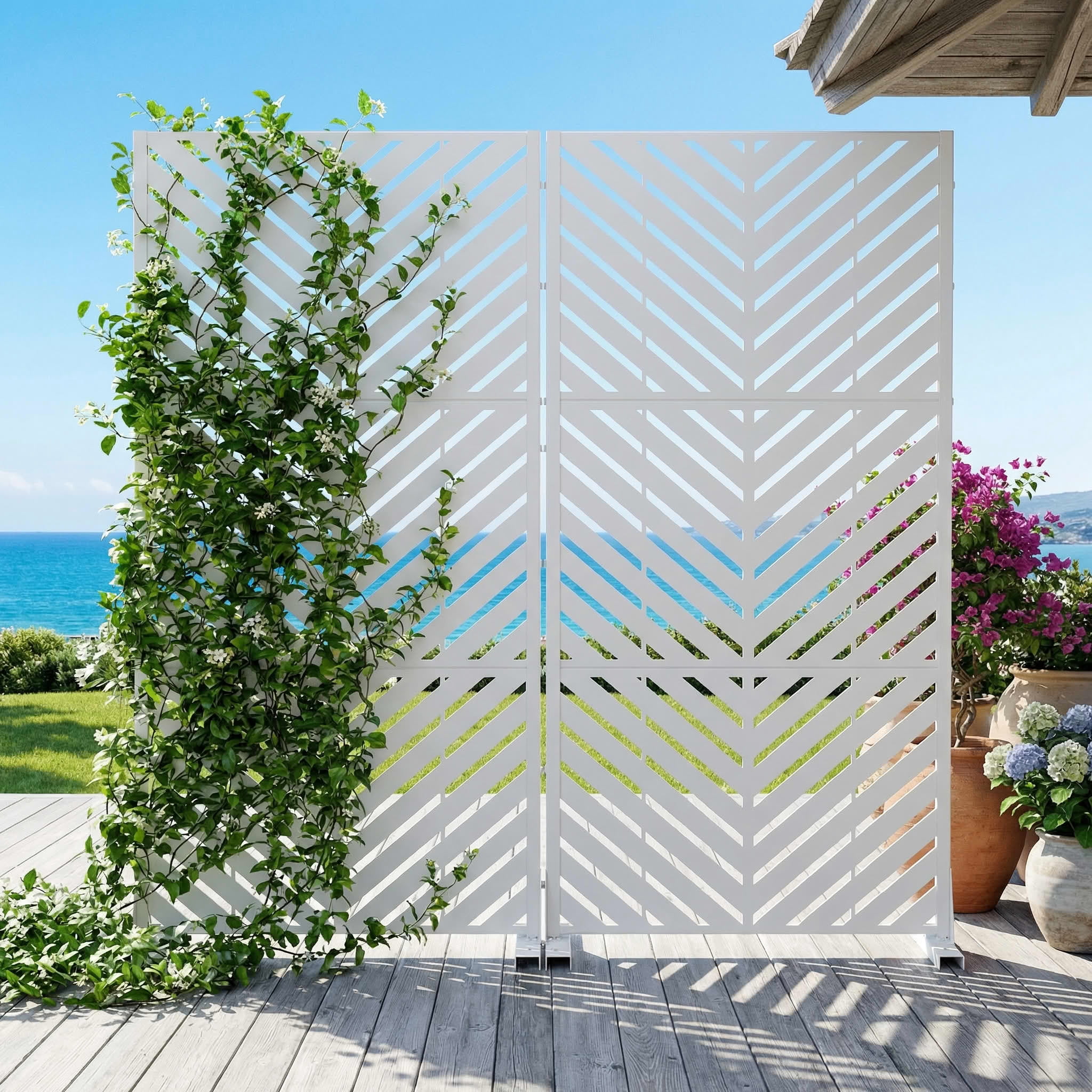 MAYEERTY 2-Piece Outdoor Metal Privacy Screen 5ft White, 3-Panel Parallel Decorative Screen, Rust-Resistant for Patio
