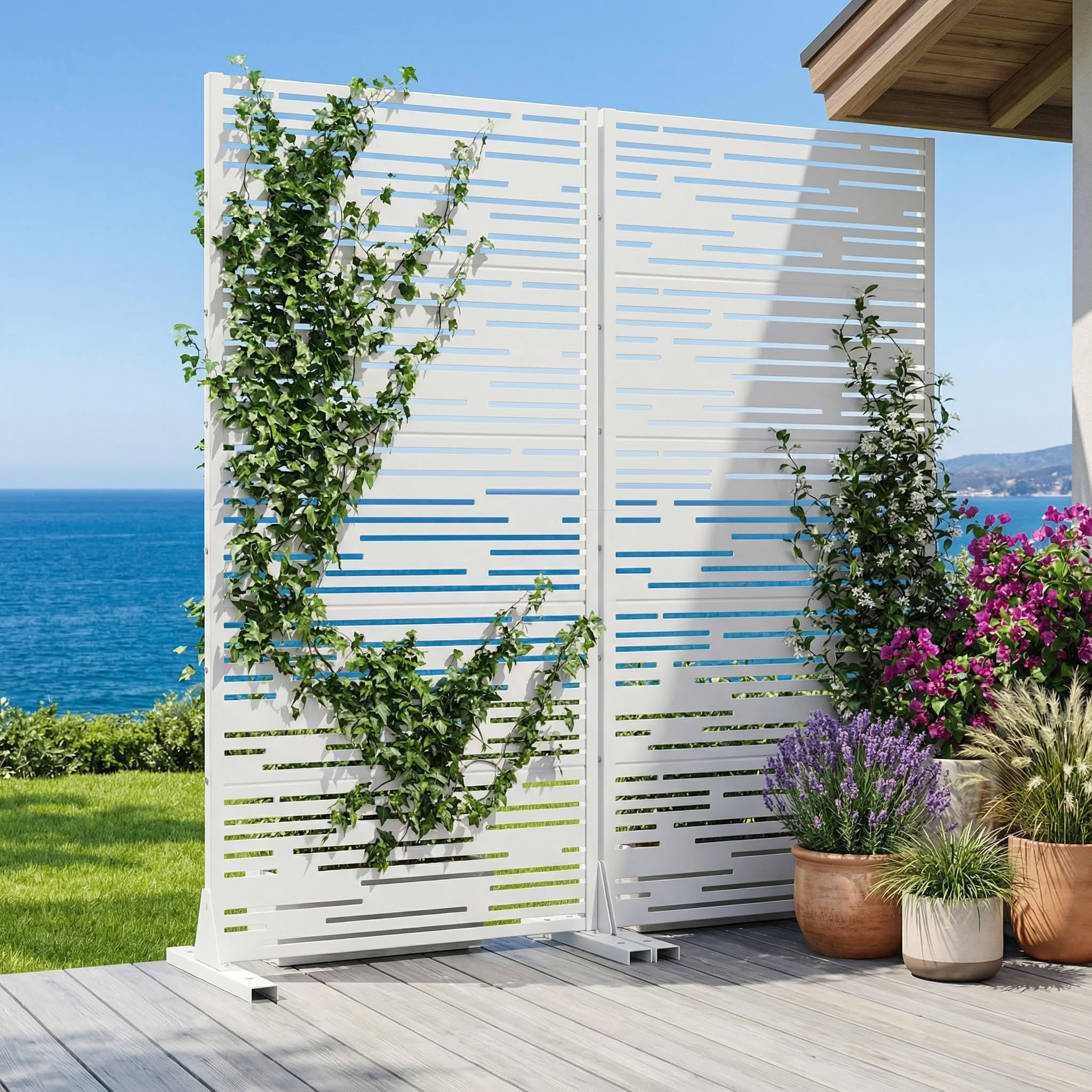 MAYEERTY 2-Piece Outdoor Metal Privacy Screen 5ft White, 5-Panel Light & Shadow Pattern, Rust-Resistant for Garden