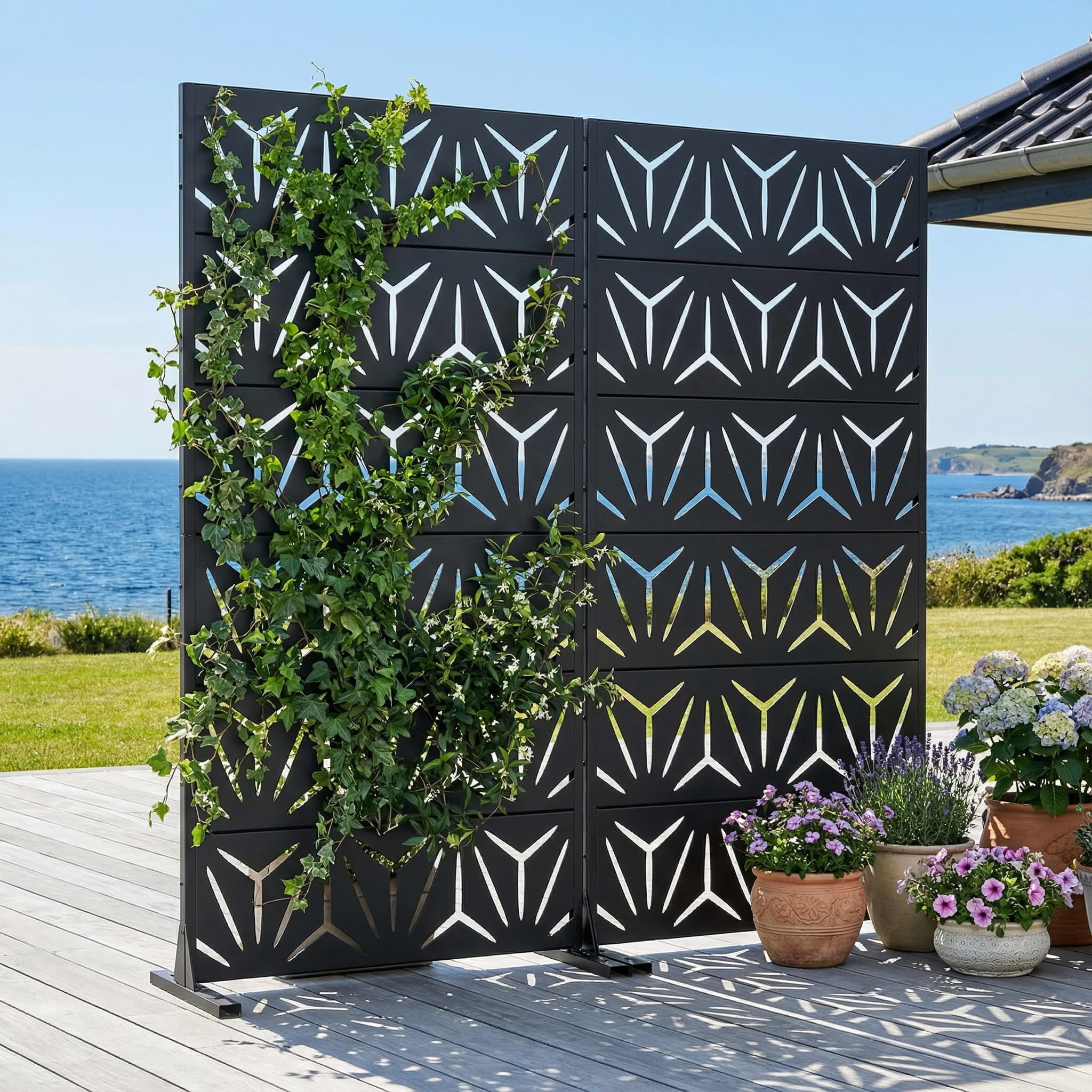 MAYEERTY 2-Piece Outdoor Metal Privacy Screen 6ft × 3ft Black, 6-Panel Geometric Y-Pattern Decorative Screen for Patio