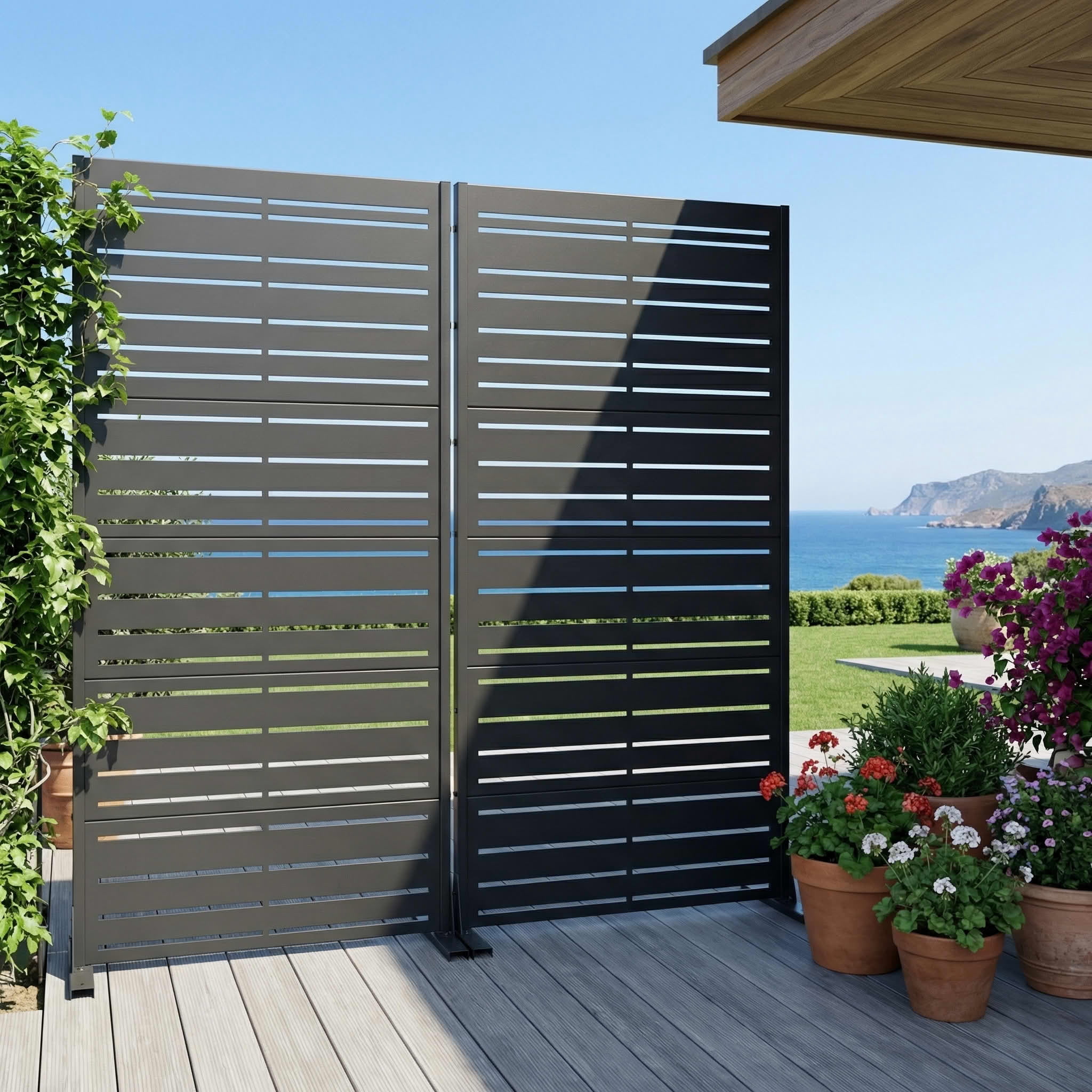 MAYEERTY 2-Piece Outdoor Metal Privacy Screen 6ft × 3ft Black, 6-Panel Wide-Narrow Louvered, Rust-Resistant for Patio