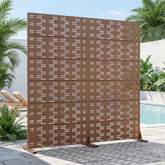 MAYEERTY 2-Piece Outdoor Metal Privacy Screen 6ft × 3ft Brown, 6-Panel Brick Pattern Decorative Screen for Patio