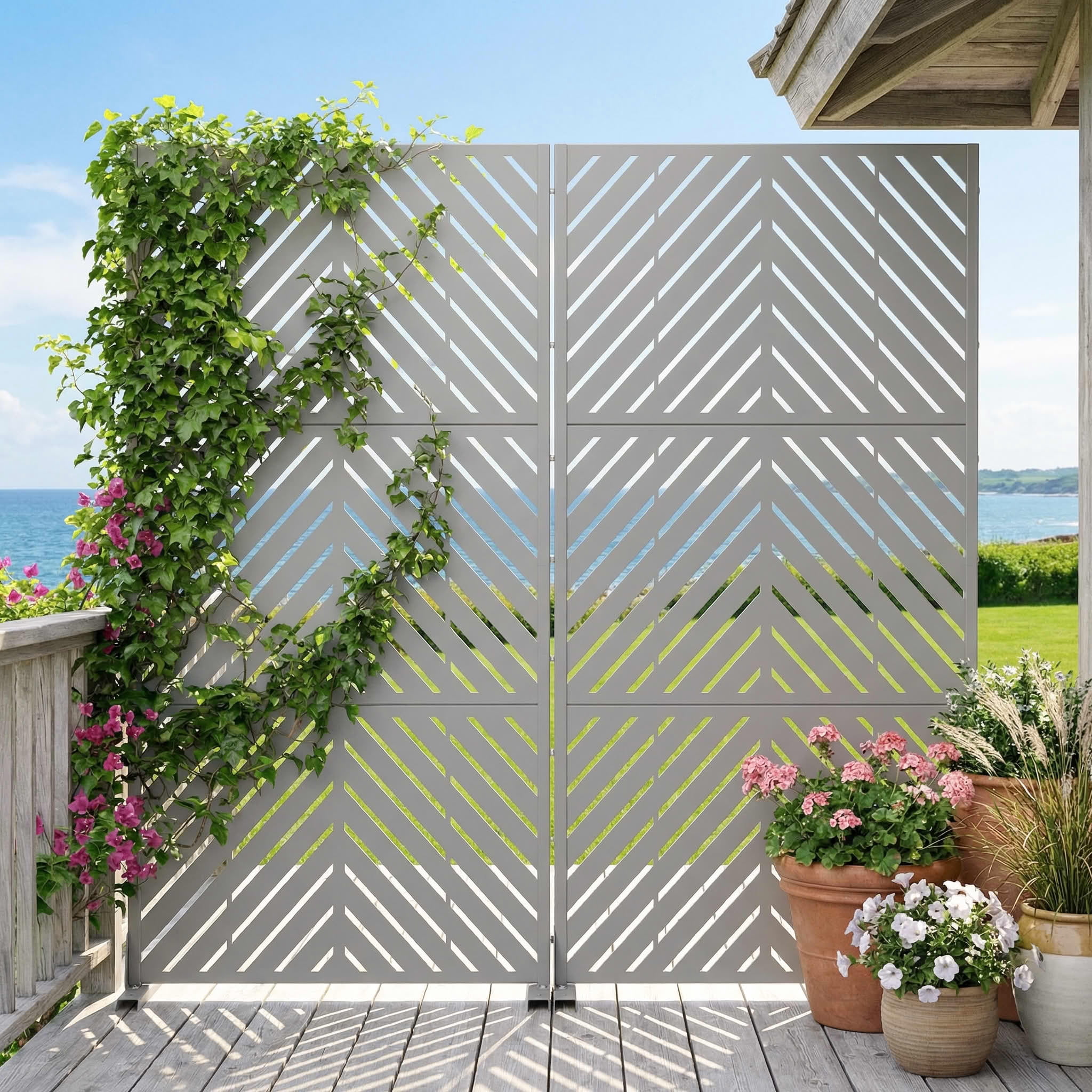 MAYEERTY 2-Piece Outdoor Metal Privacy Screen 6ft × 3ft Gray, 3-Panel Parallel Decorative Screen, Rust-Resistant for Patio