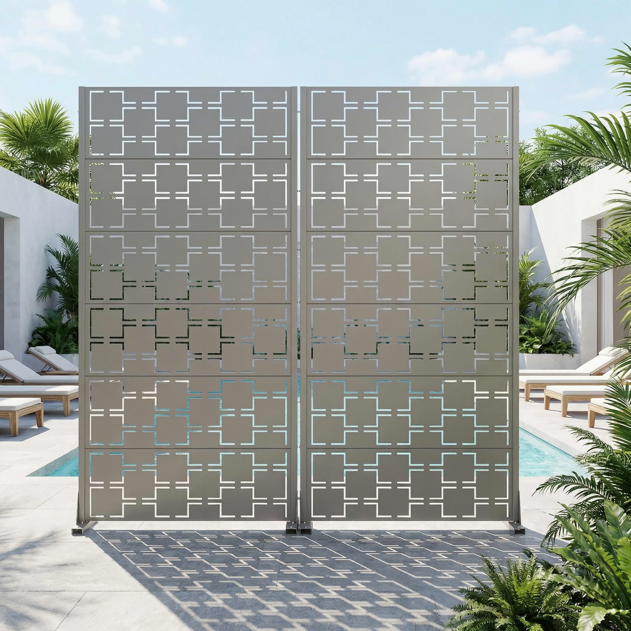 MAYEERTY 2-Piece Outdoor Metal Privacy Screen 6ft × 3ft Gray, 6-Panel Square Geometric Pattern Decorative Screen for Patio
