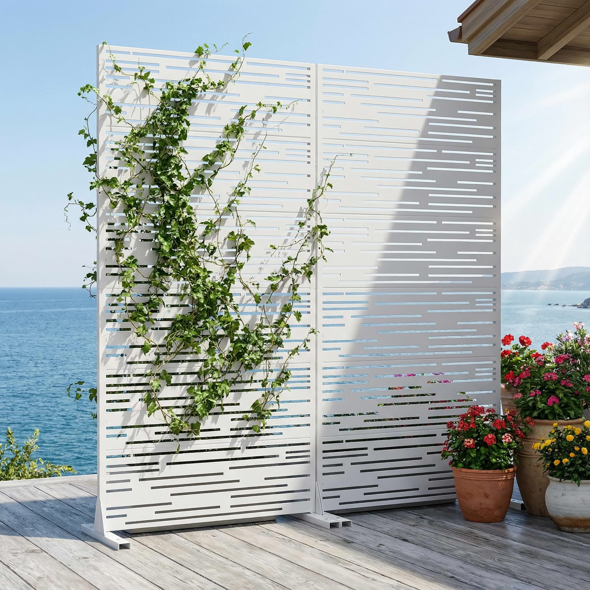 MAYEERTY 2-Piece Outdoor Metal Privacy Screen 6ft × 3ft White, 6-Panel Light & Shadow Pattern, Rust-Resistant for Garden