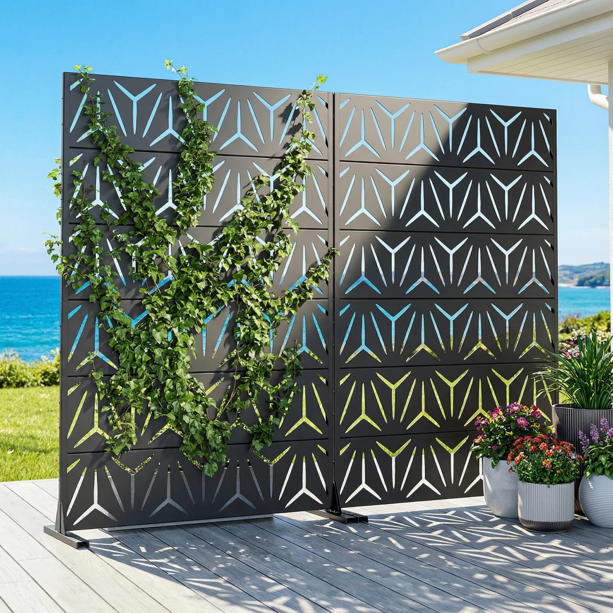 MAYEERTY 2-Piece Outdoor Metal Privacy Screen 6ft × 4ft Black, 6-Panel Geometric Y-Pattern Decorative Screen for Patio