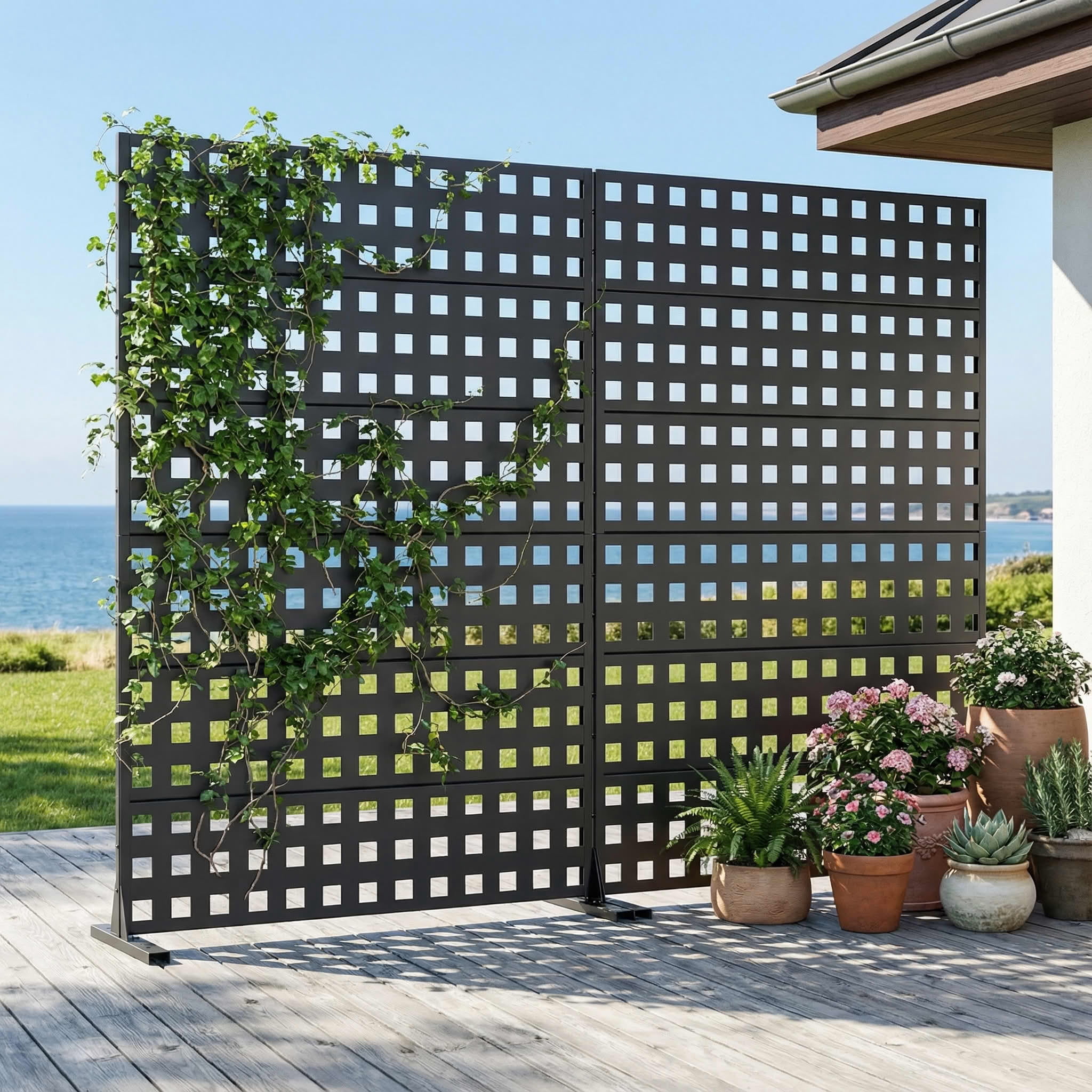 MAYEERTY 2-Piece Outdoor Metal Privacy Screen 6ft × 4ft Black, 6-Panel Lattice Pattern, Rust-Resistant for Garden