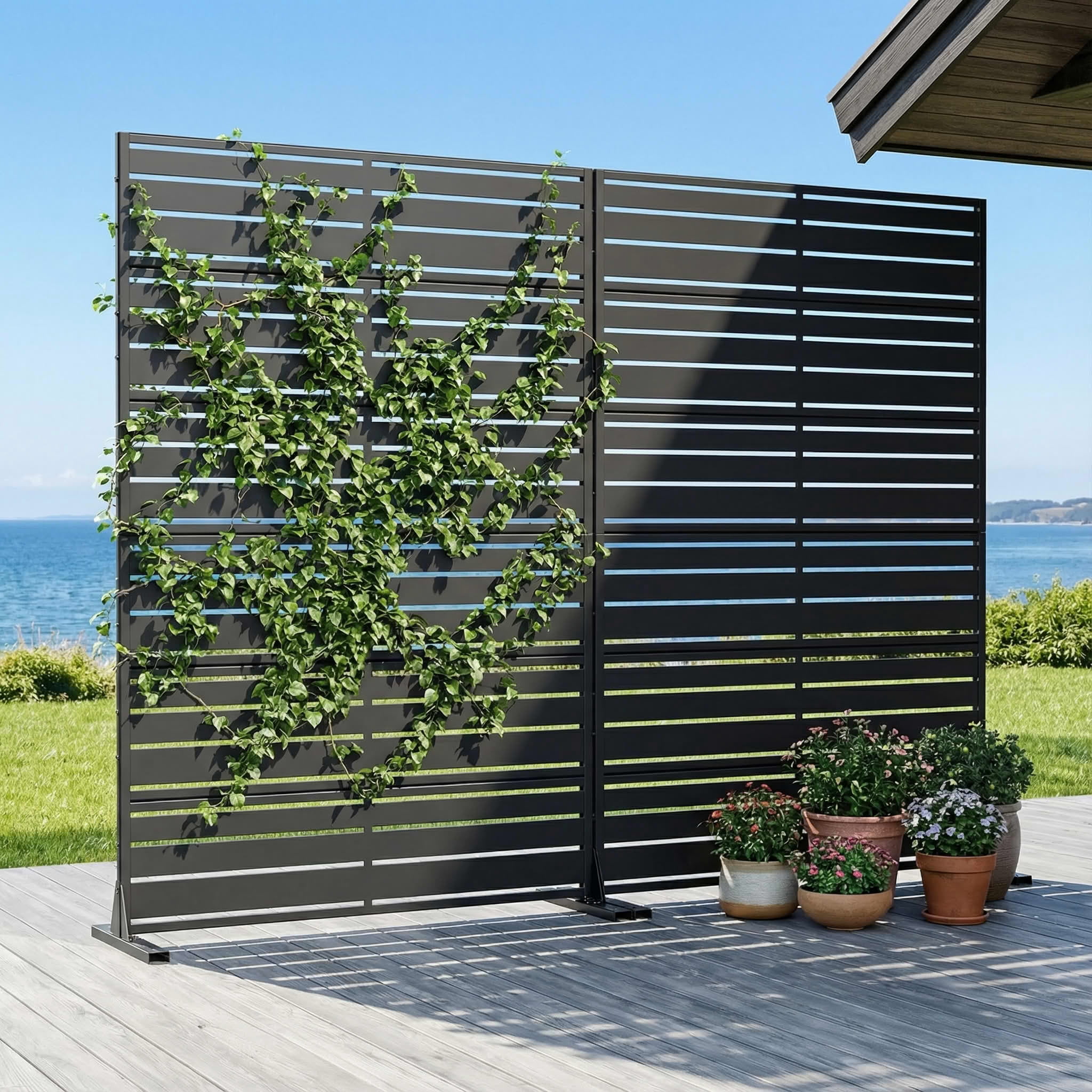 MAYEERTY 2-Piece Outdoor Metal Privacy Screen 6ft × 4ft Black, 6-Panel Wide-Narrow Louvered Galvanized Iron for Garden