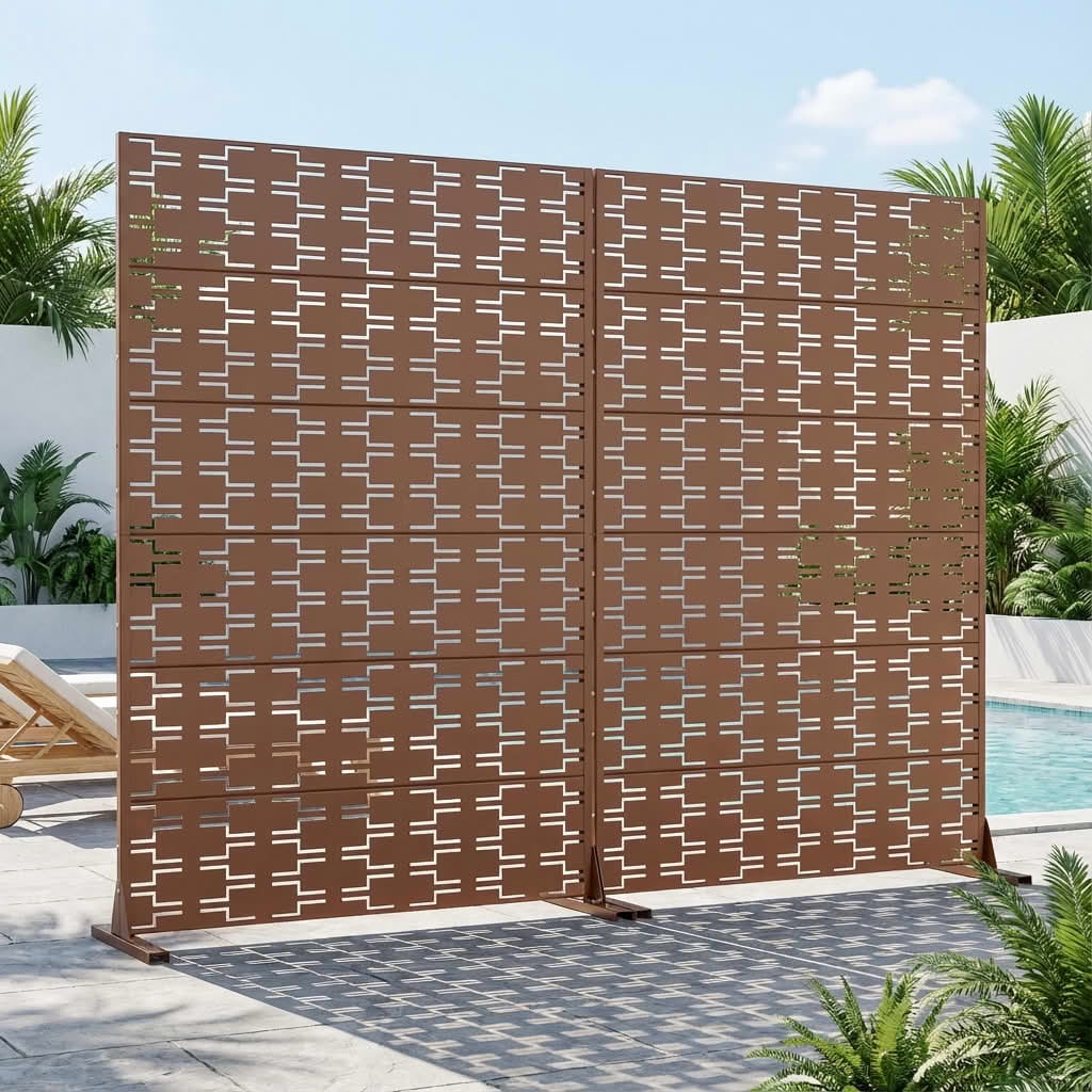 MAYEERTY 2-Piece Outdoor Metal Privacy Screen 6ft × 4ft Brown, 6-Panel Brick Pattern Decorative Screen for Patio