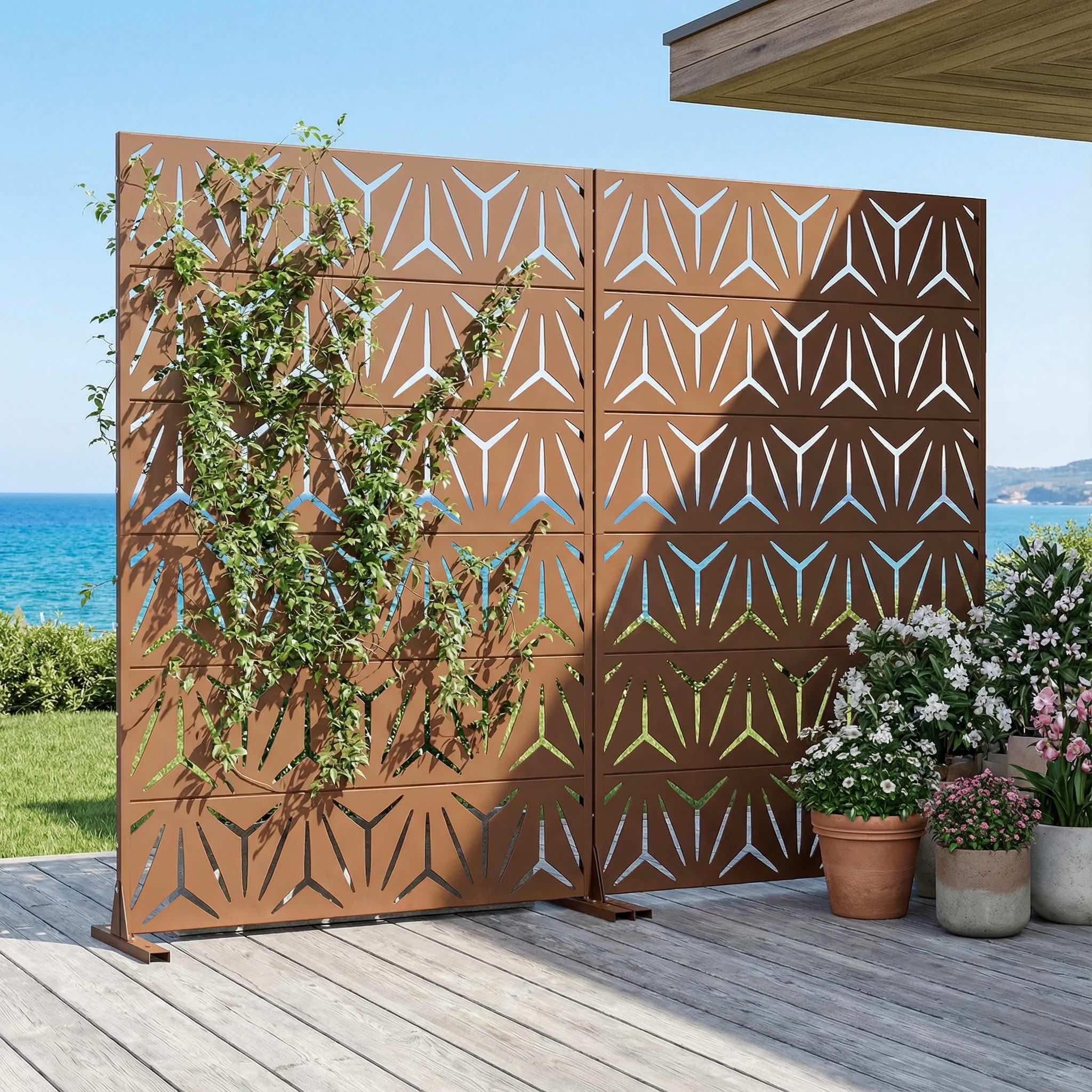 MAYEERTY 2-Piece Outdoor Metal Privacy Screen 6ft × 4ft Brown, 6-Panel Geometric Y-Pattern Decorative Screen for Garden