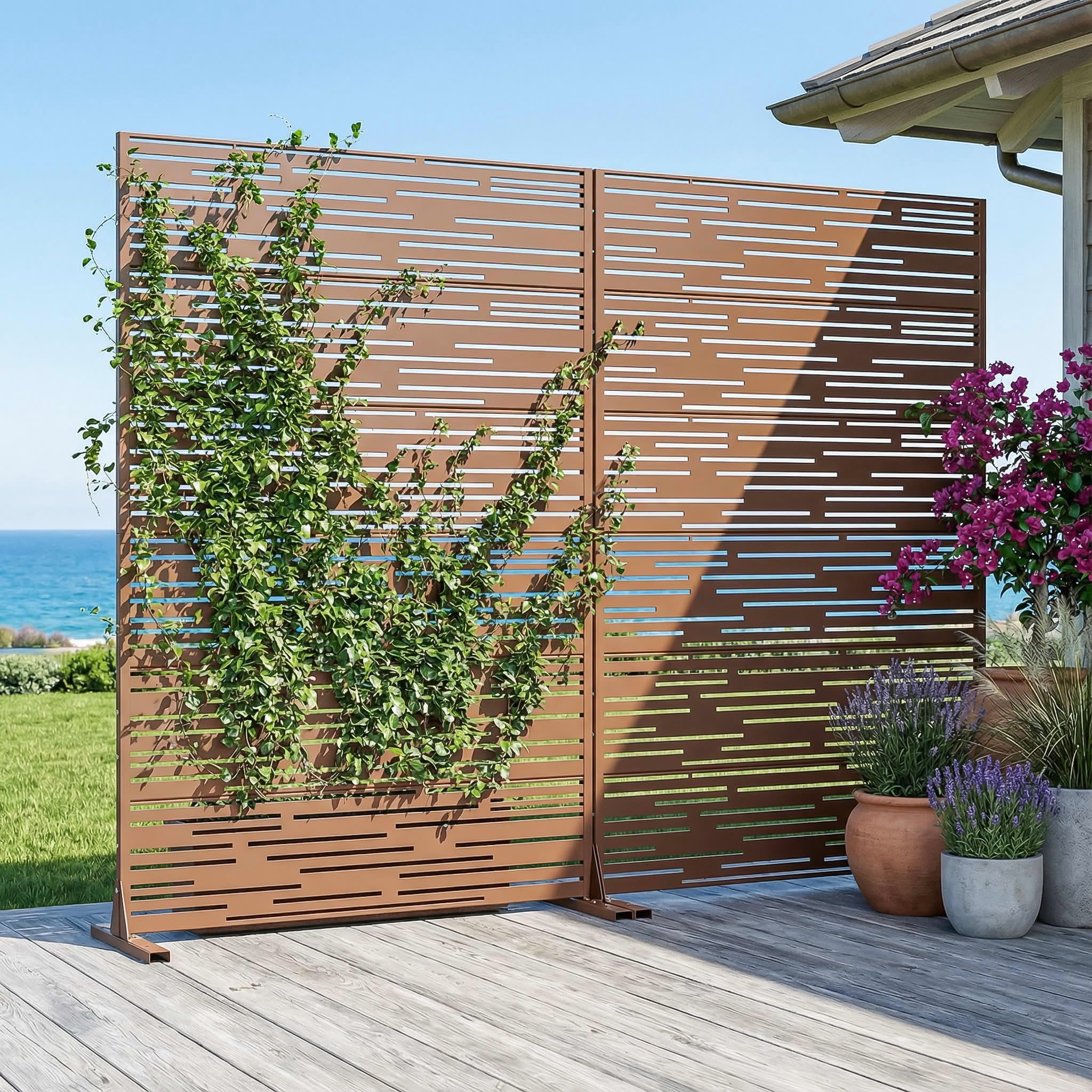 MAYEERTY 2-Piece Outdoor Metal Privacy Screen 6ft × 4ft Brown, 6-Panel Light & Shadow Pattern, Rust-Resistant for Garden