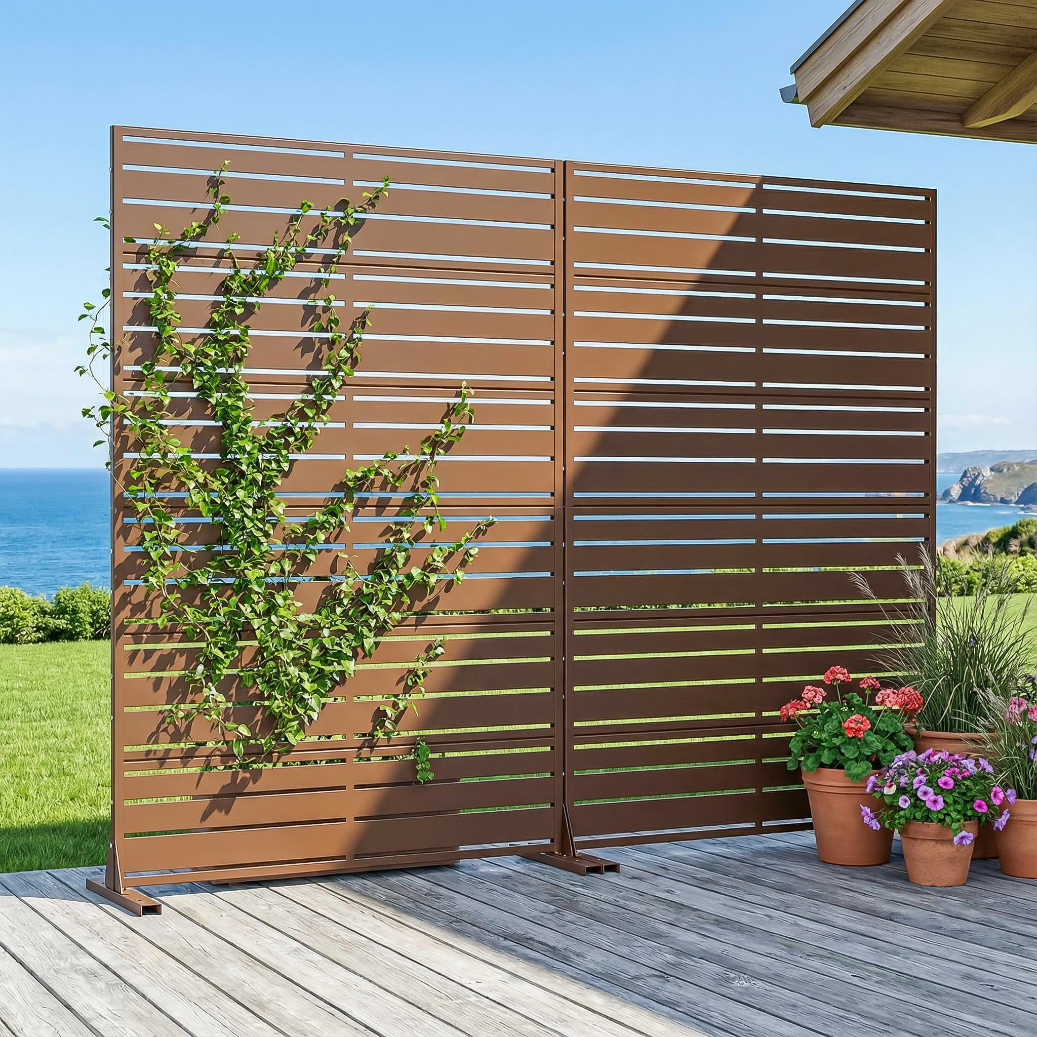 MAYEERTY 2-Piece Outdoor Metal Privacy Screen 6ft × 4ft Brown, 6-Panel Wide-Narrow Louvered, Rust-Resistant for Garden