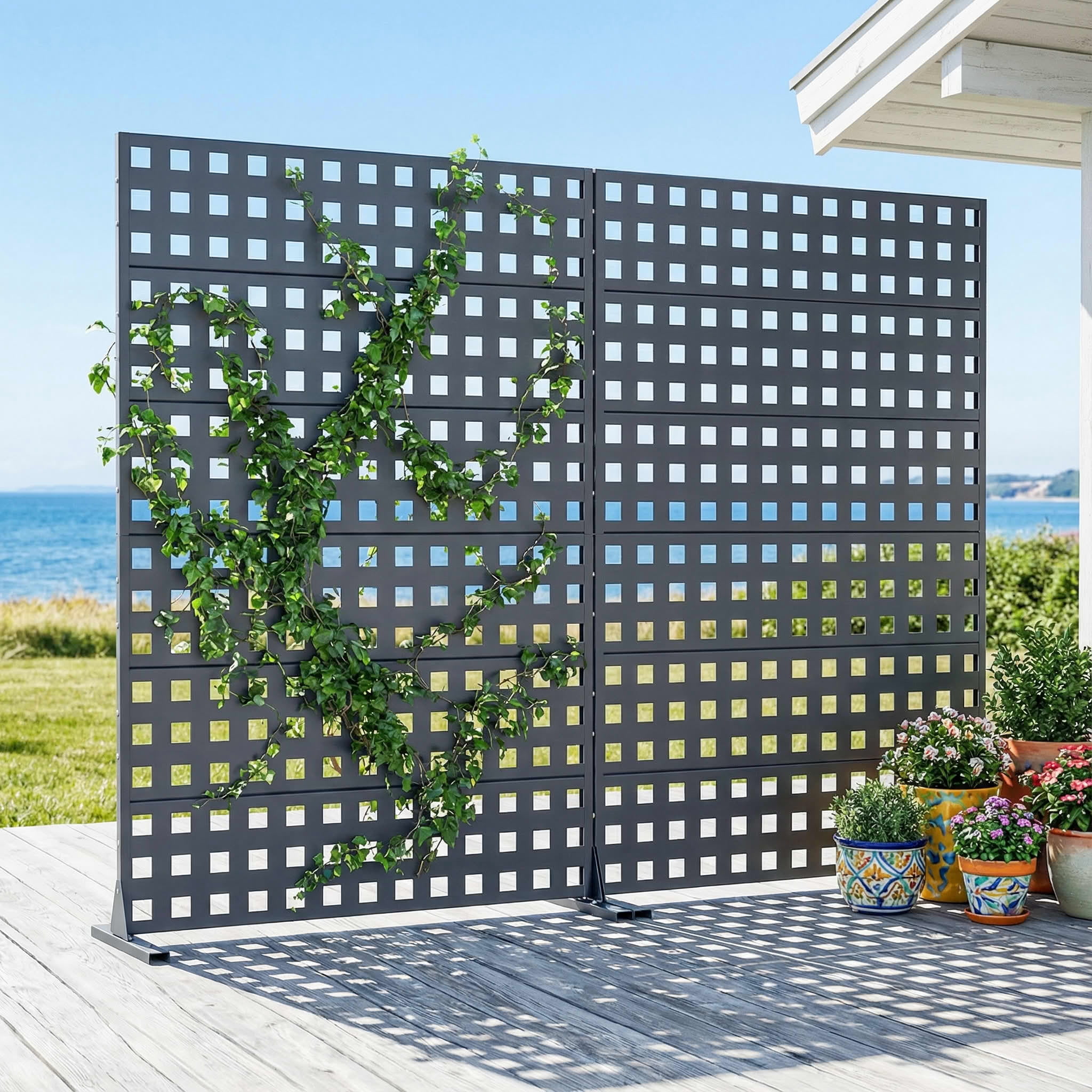 MAYEERTY 2-Piece Outdoor Metal Privacy Screen 6ft × 4ft Cambrian Rock Gray, 6-Panel Lattice Pattern, Weatherproof for Patio