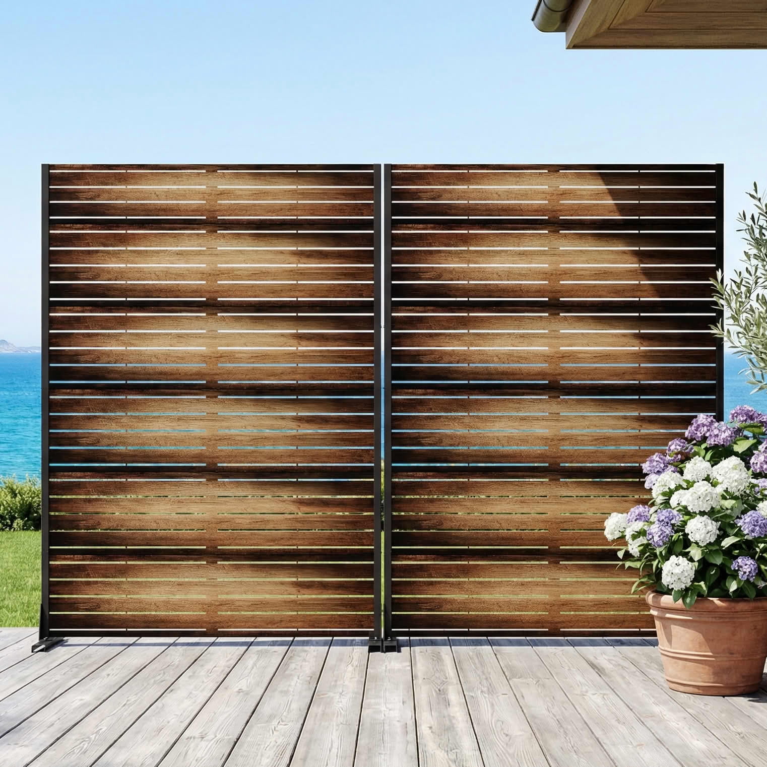 MAYEERTY 2-Piece Outdoor Metal Privacy Screen 6ft × 4ft Dark Brown, 6-Panel Wood Grain Louvered, Weatherproof for Patio