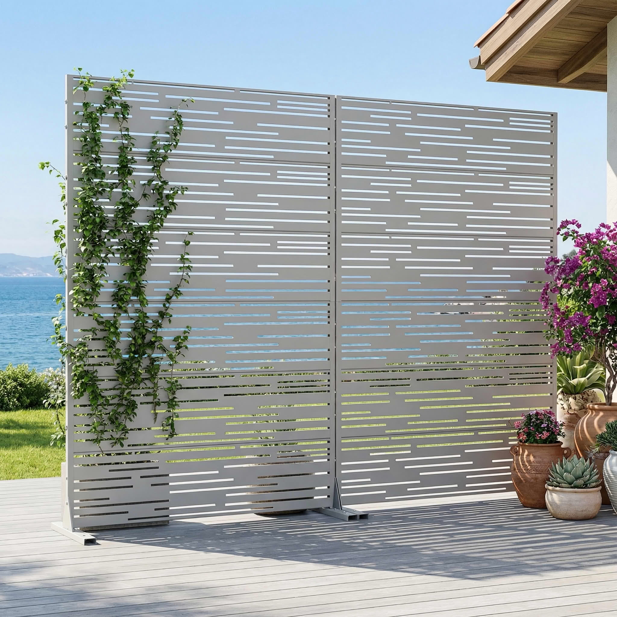 MAYEERTY 2-Piece Outdoor Metal Privacy Screen 6ft × 4ft Gray, 6-Panel Light & Shadow Pattern, Rust-Resistant for Garden