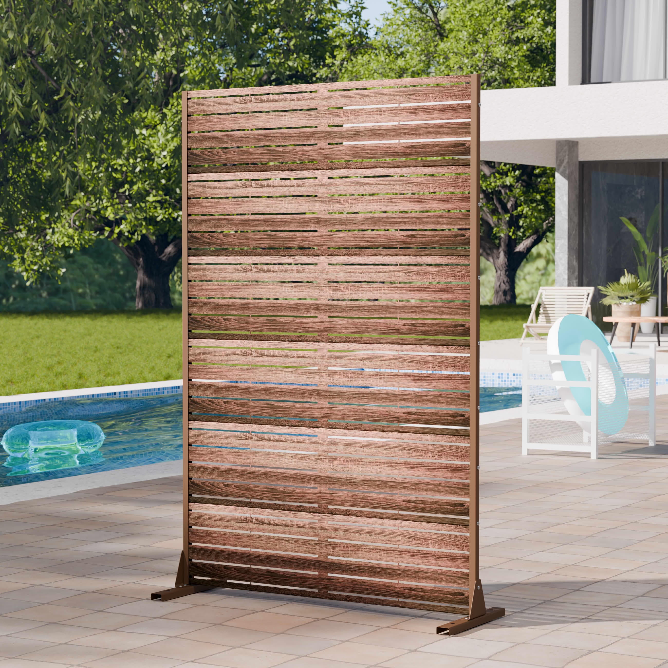 MAYEERTY 2-Piece Outdoor Metal Privacy Screen 6ft × 4ft Natural Wood, 6-Panel Wood Grain Louvered, Weatherproof for Patio