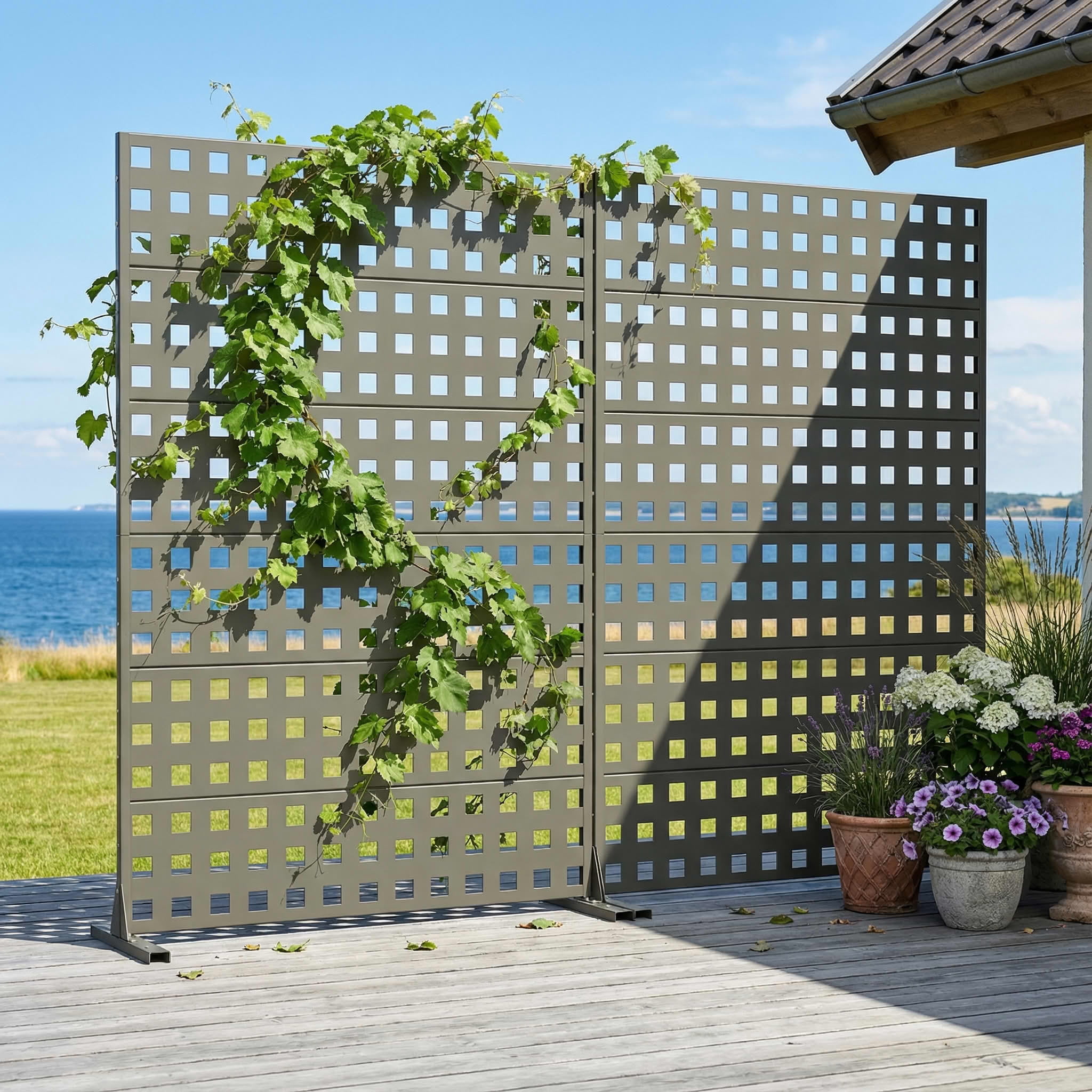 MAYEERTY 2-Piece Outdoor Metal Privacy Screen 6ft × 4ft Olive Gray, 6-Panel Lattice Pattern, Rust-Resistant for Garden
